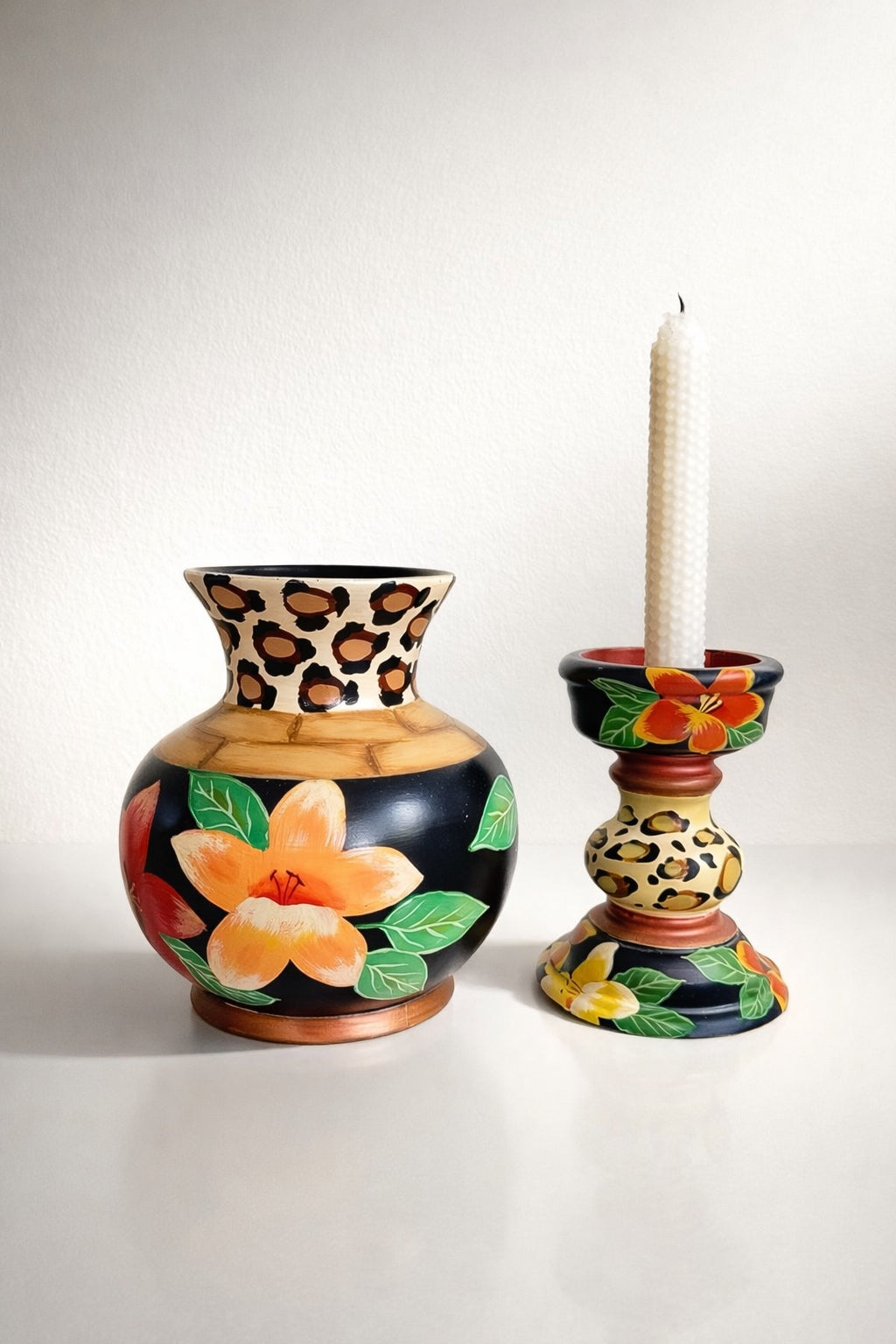 Hand Painted Floral Vase & Candle Holder Set Anita Rosenberg 2002 Decorative Art Pottery