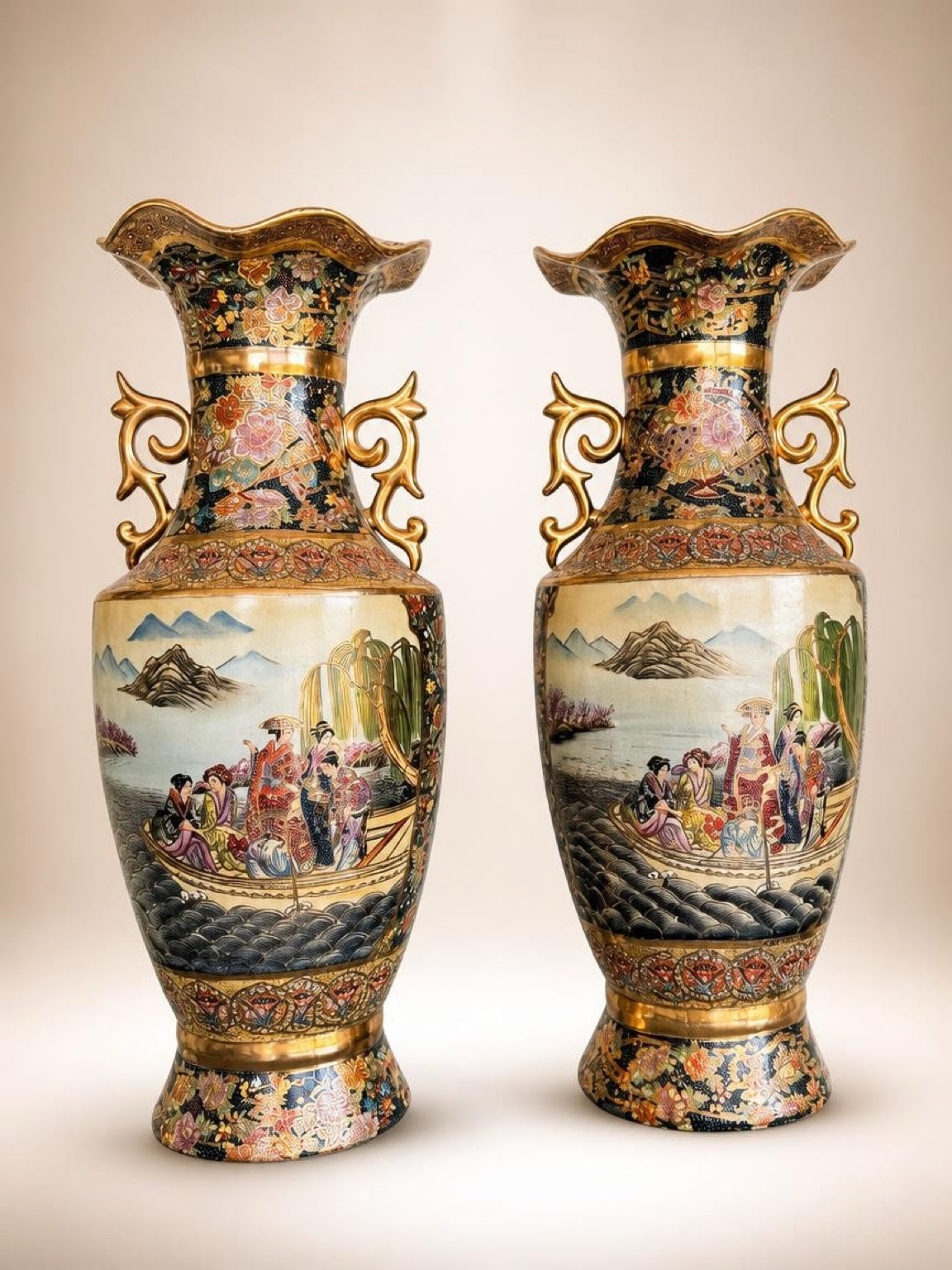 Pair of Large Japanese Satsuma  Porcelain Floor Vases, 24” Hand Decorated, Local Pickup Only