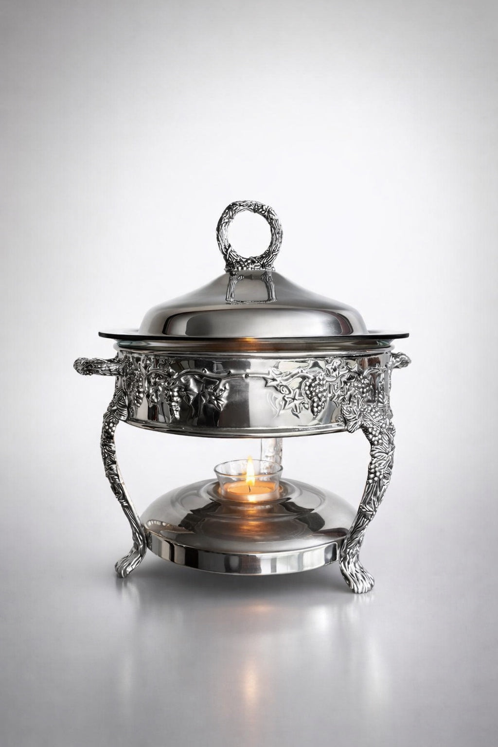 Vintage Silver Plated Chafing Dish Warming Server Glass Insert Grapevine Design Elegant Buffet Server