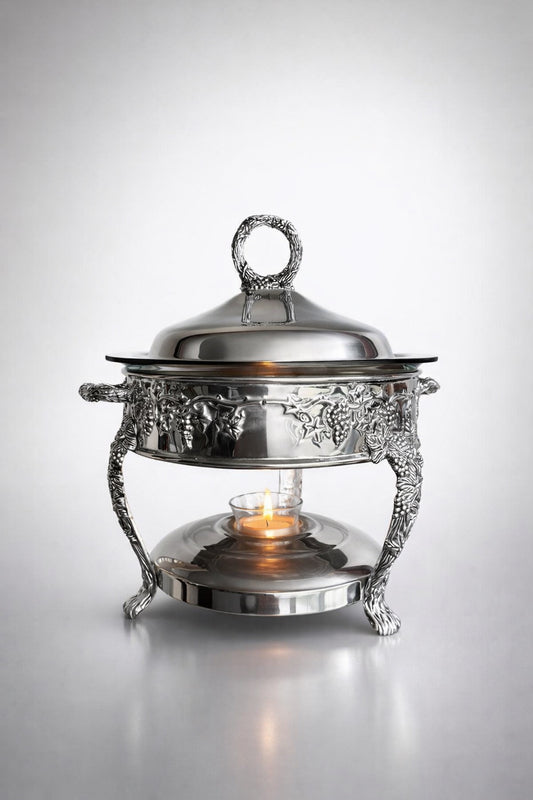 Vintage Silver Plated Chafing Dish Warming Server Glass Insert Grapevine Design Elegant Buffet Server