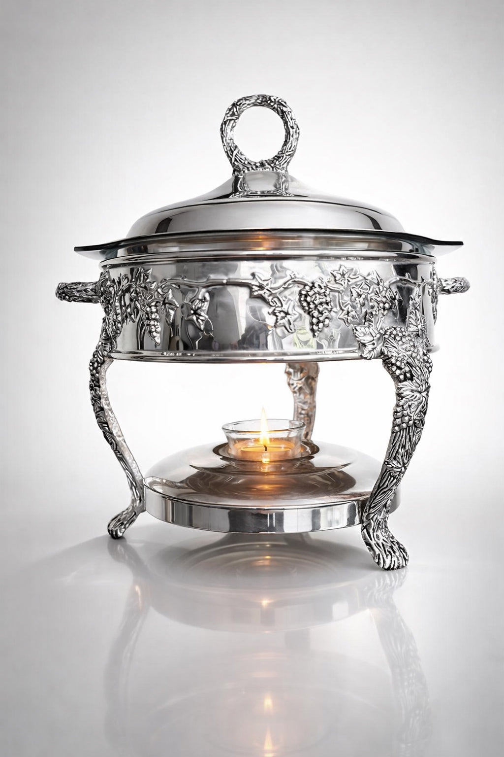Vintage Silver Plated Chafing Dish Warming Server Glass Insert Grapevine Design Elegant Buffet Server