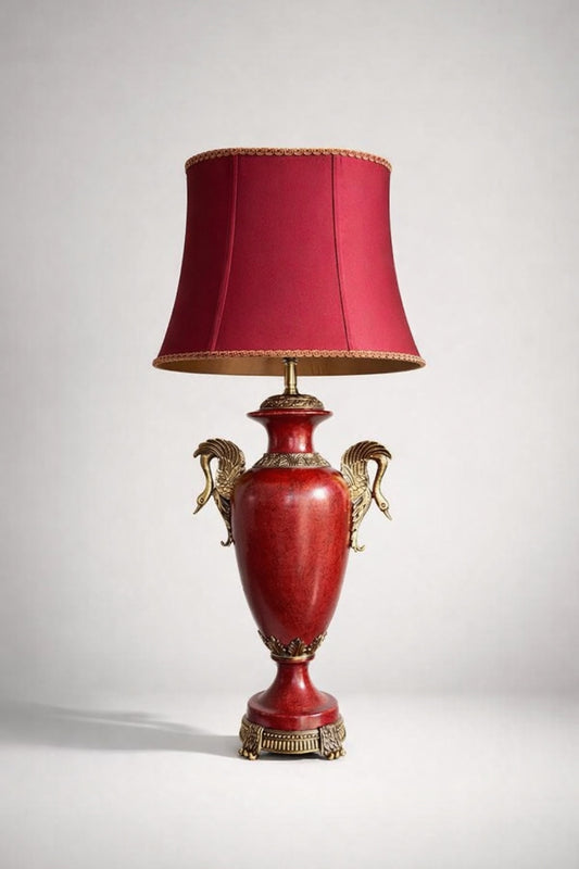 Large Vintage Red Ceramic Urn Table Lamp Swan Handles Brass Hollywood Regency 33” PICKUP