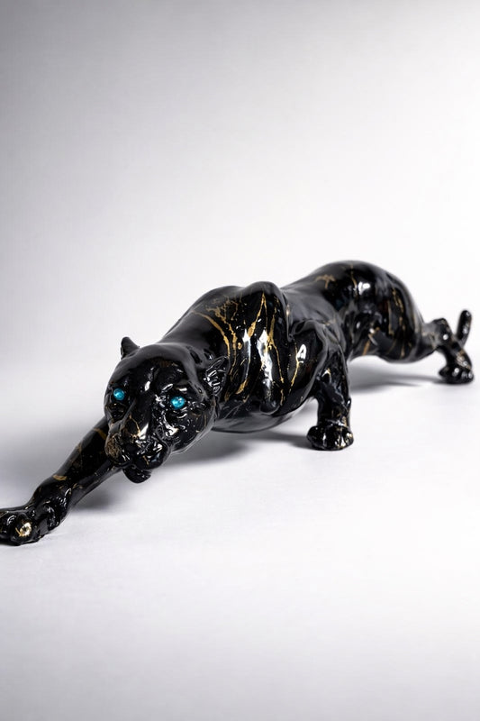 Black Panther Resin Sculpture Figurine Glossy Black Gold Accents Blue Eyes 15”