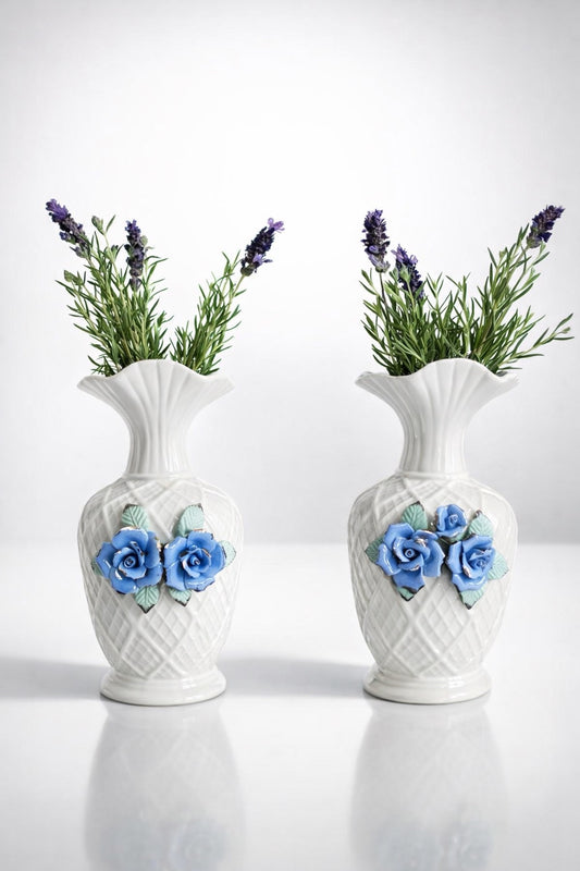 Set of 2 White Ceramic Vases Blue Roses Floral Embossed Vintage Style 9” Home Decor