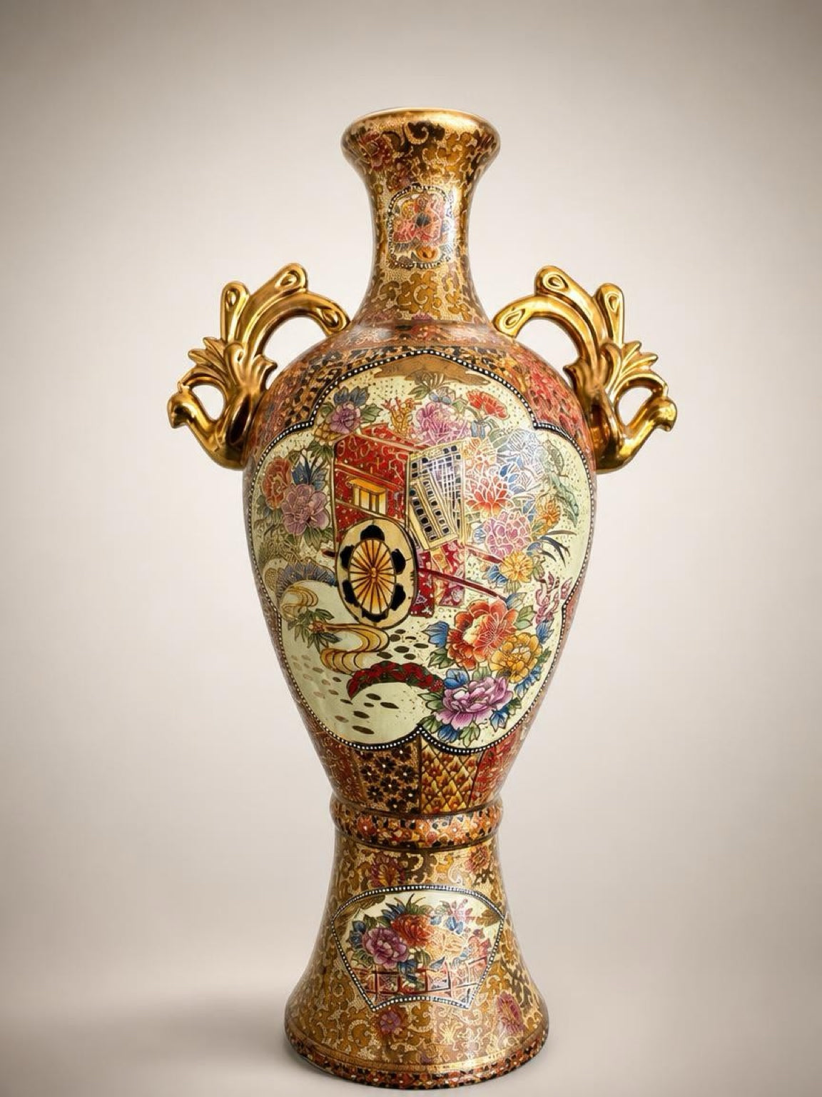 Vintage Japanese Satsuma Moriage Vase – Hand Painted Double Handle Vase, 24” Tall