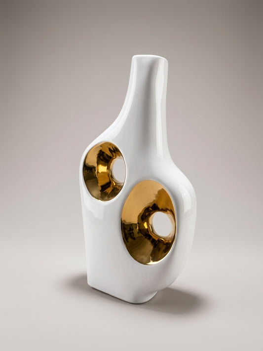 Modern White Ceramic Vase Gold Accent Sculptural Decor Contemporary Art Vase 11”