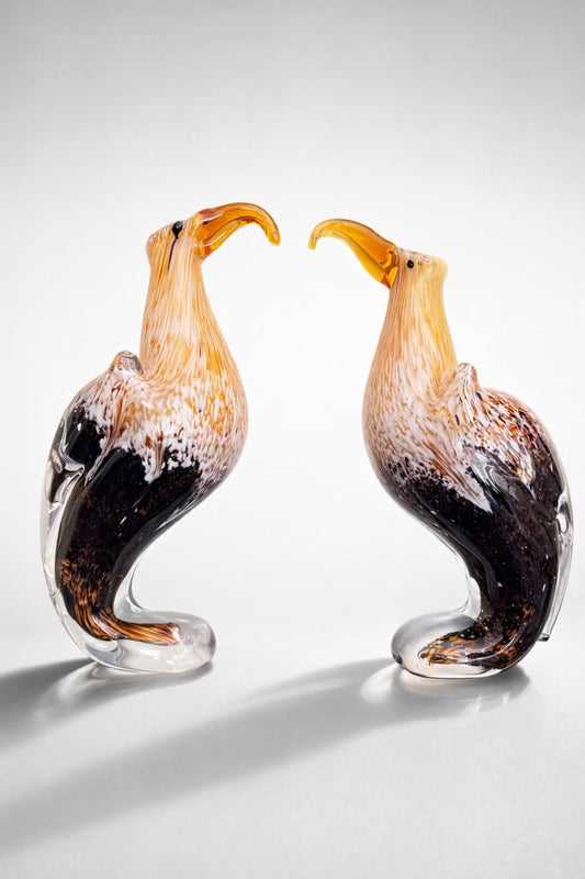Set of 2 Vintage Murano Style Art Glass Bird Figurines Amber Brown Hand Blown 10