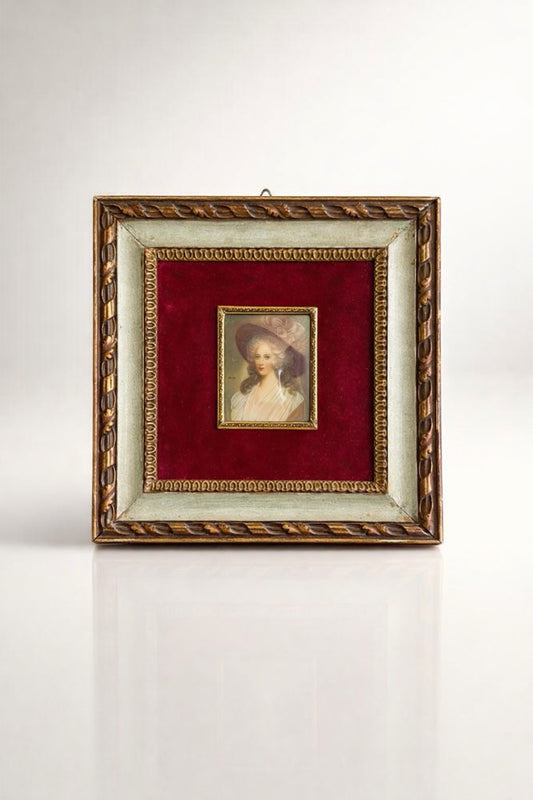 Vintage Hand Finished Miniature Portrait Lady Signed Ornate Gold Frame Red Velvet 8"x8"