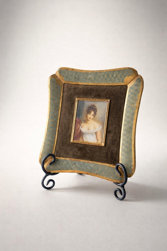Vintage Framed Portrait Miniature Lady  Ornate Gold Green Frame Wall Decor 8”x8"
