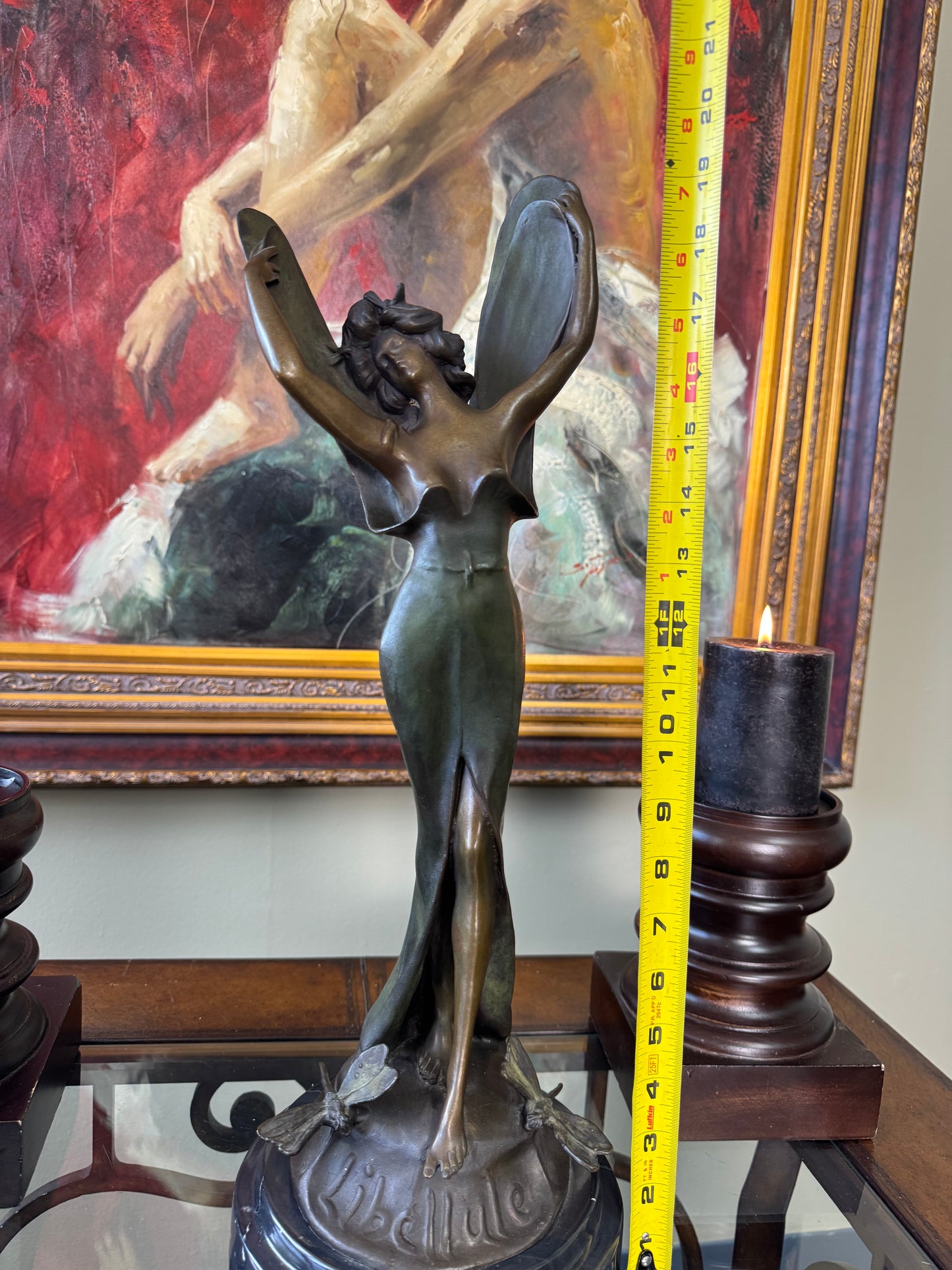 Antique French Art Nouveau Libellule Fairy Spelter Sculpture Marble Base 18”