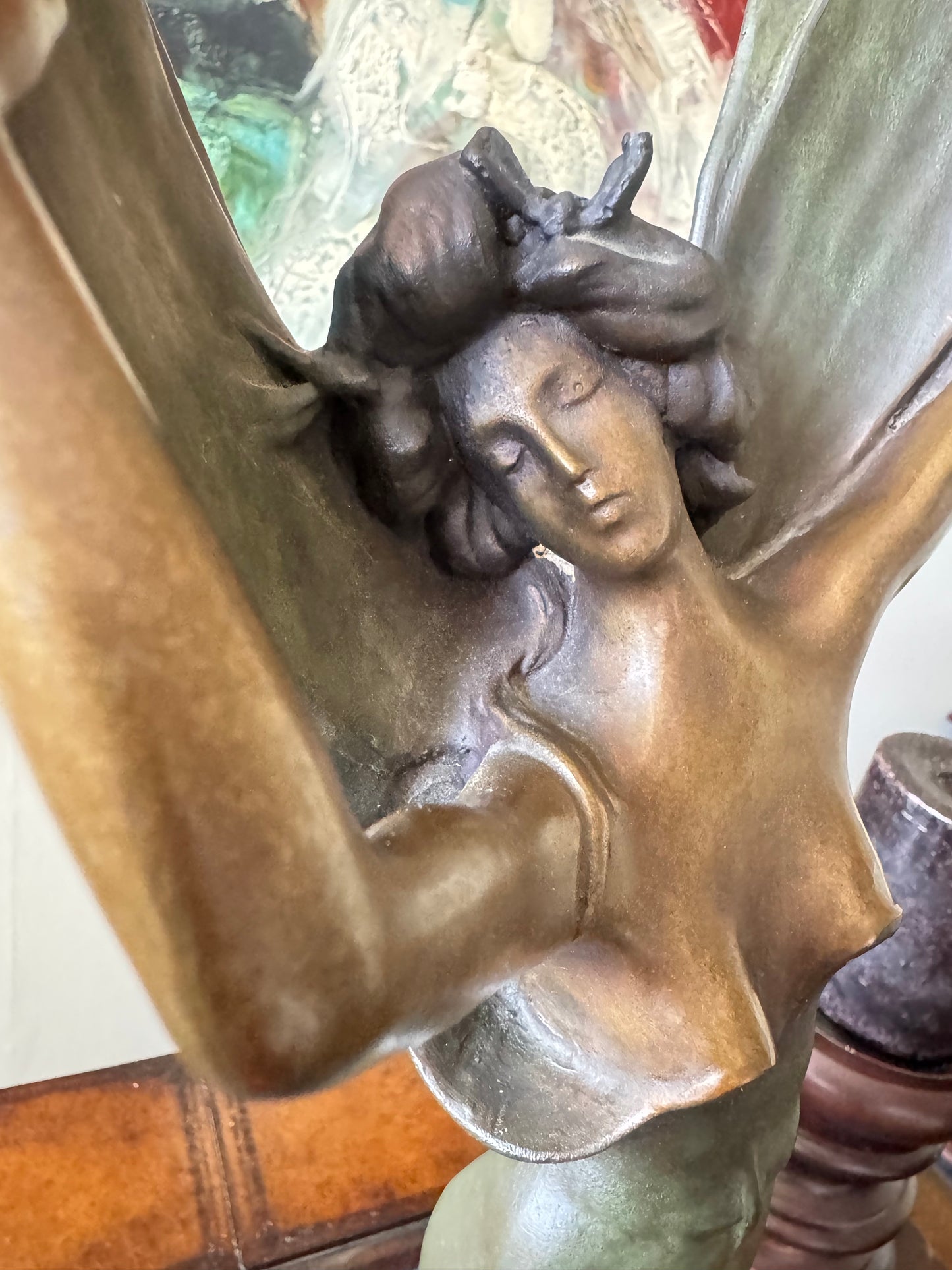 Antique French Art Nouveau Libellule Fairy Spelter Sculpture Marble Base 18”