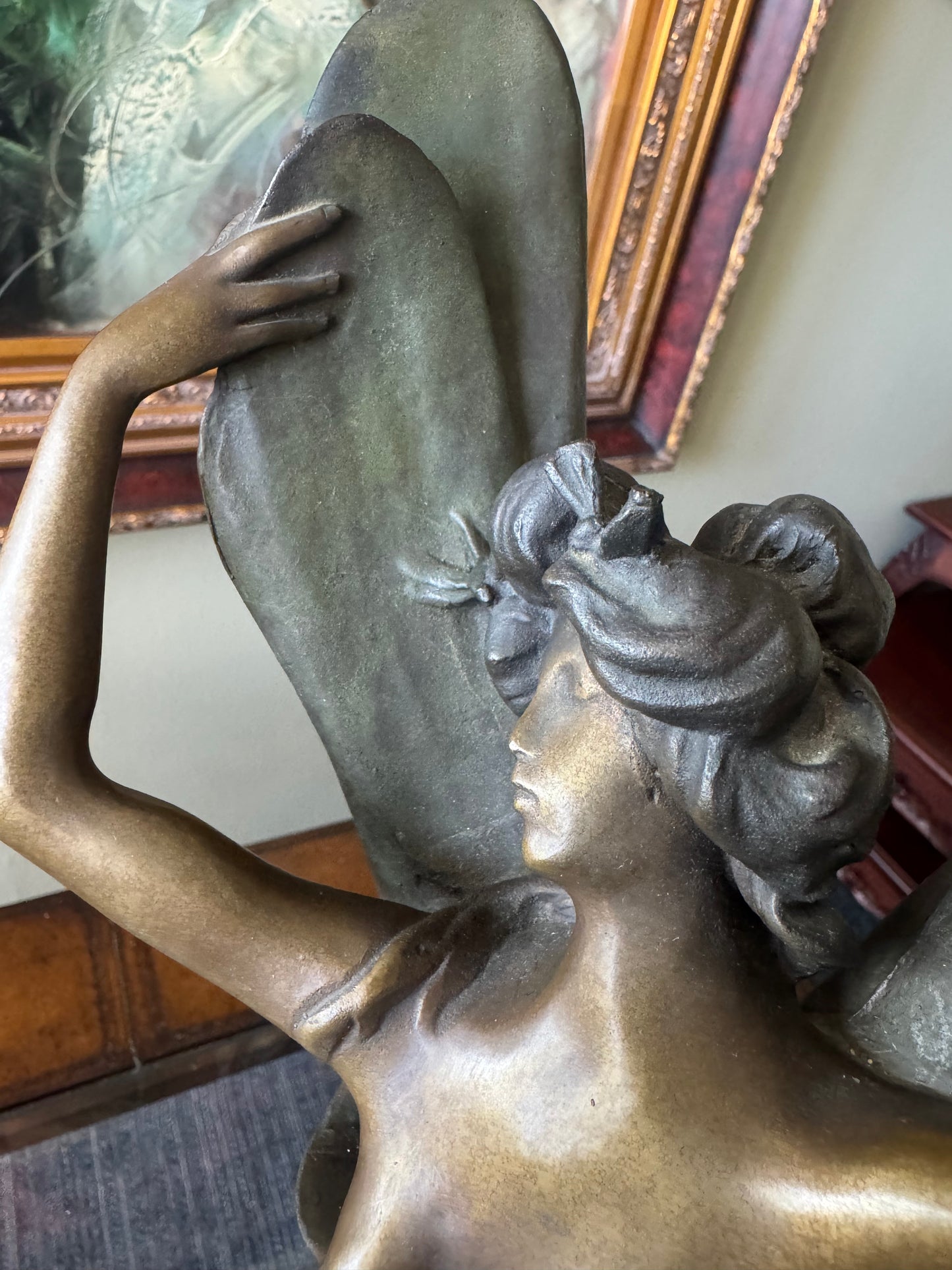 Antique French Art Nouveau Libellule Fairy Spelter Sculpture Marble Base 18”