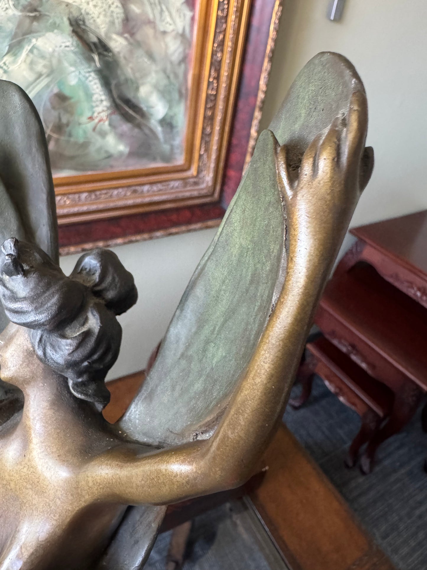 Antique French Art Nouveau Libellule Fairy Spelter Sculpture Marble Base 18”