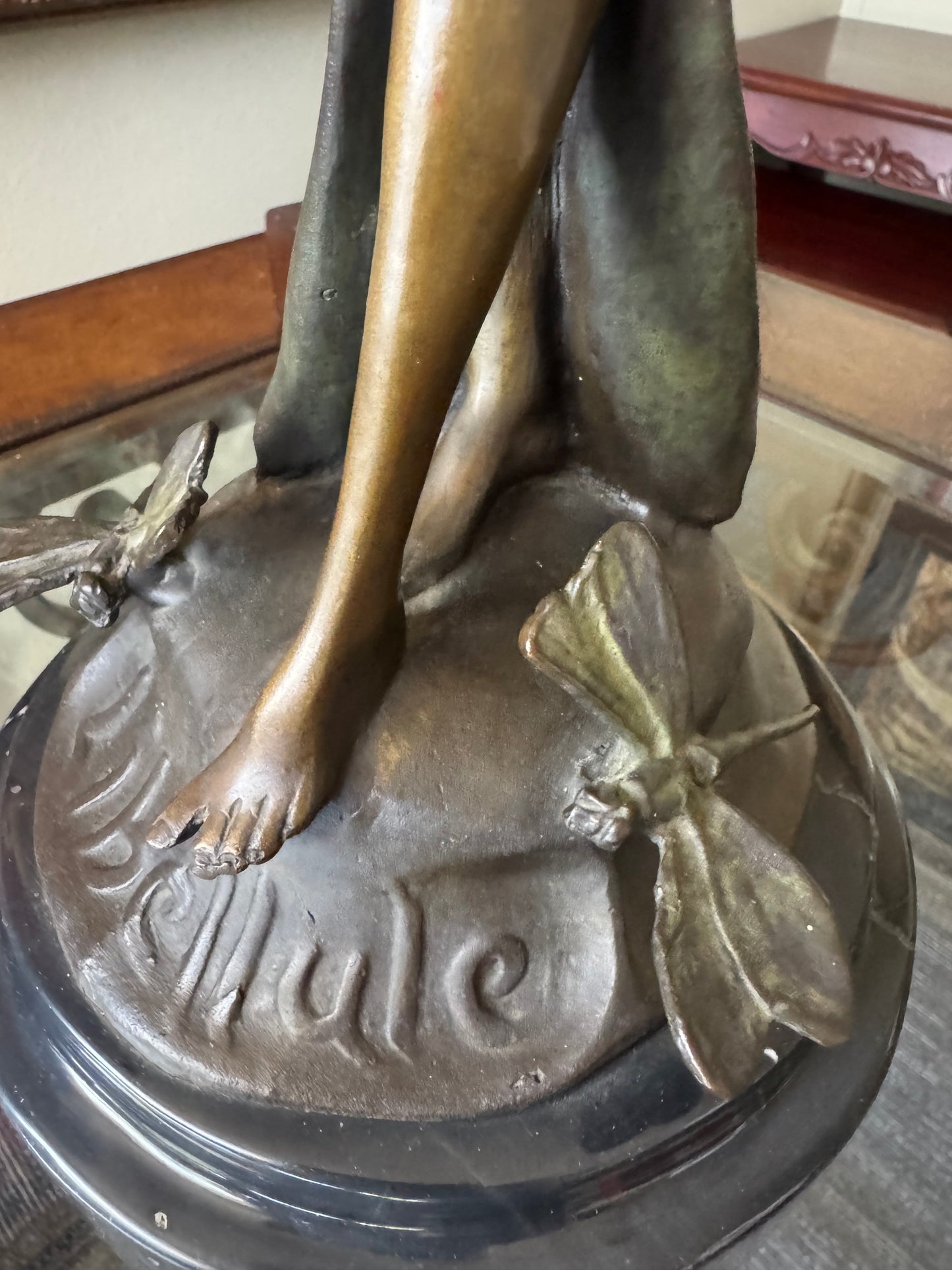 Antique French Art Nouveau Libellule Fairy Spelter Sculpture Marble Base 18”