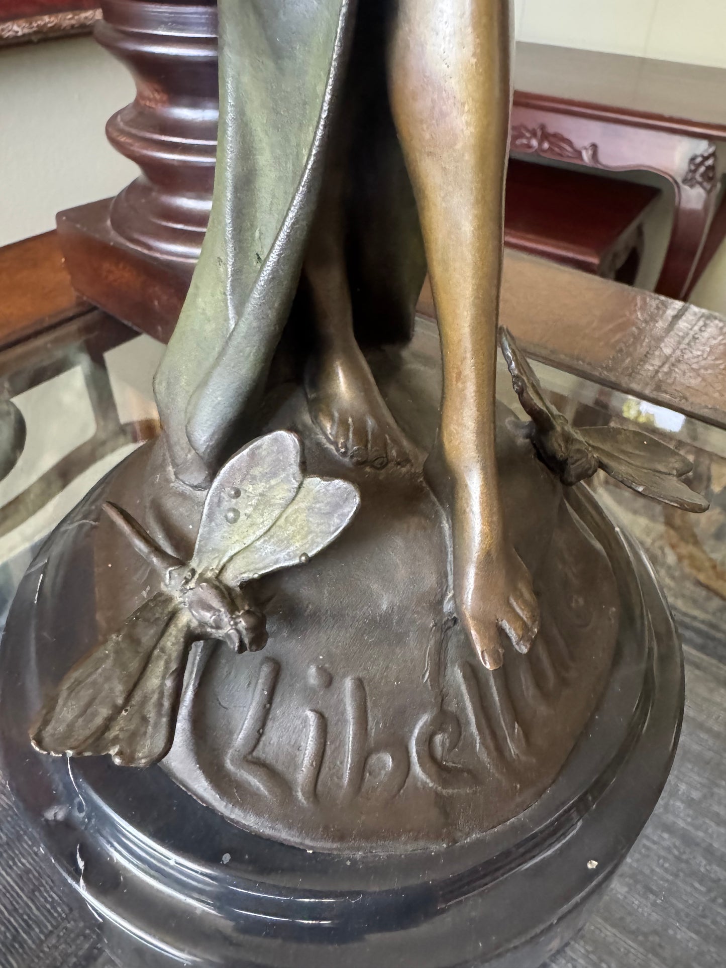 Antique French Art Nouveau Libellule Fairy Spelter Sculpture Marble Base 18”
