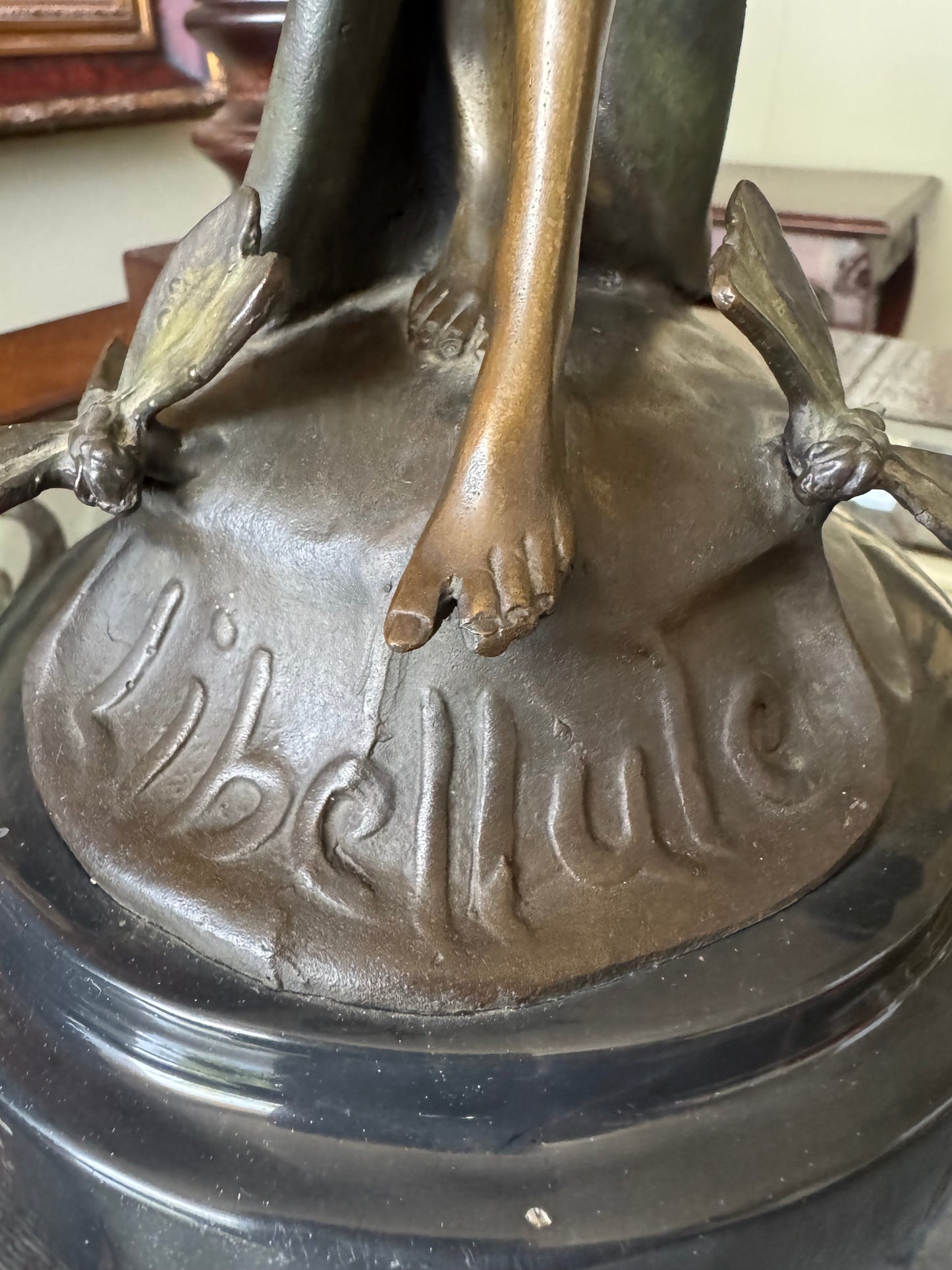 Antique French Art Nouveau Libellule Fairy Spelter Sculpture Marble Base 18”
