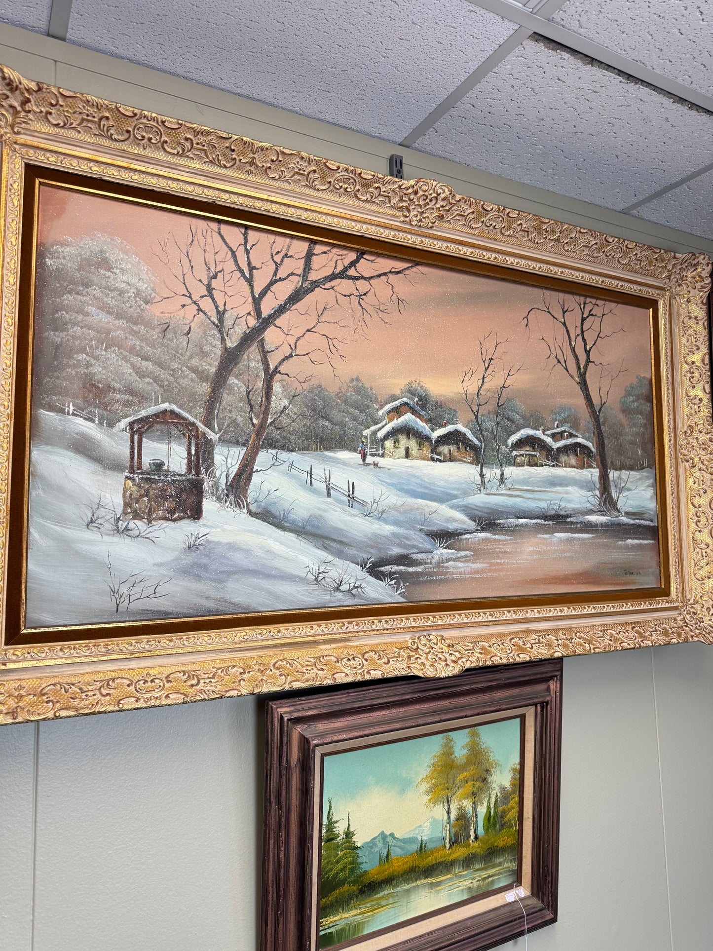 Large Vintage Winter Landscape Oil Painting on Canvas Ornate Gold Frame Signed JoMarcelle 57x32