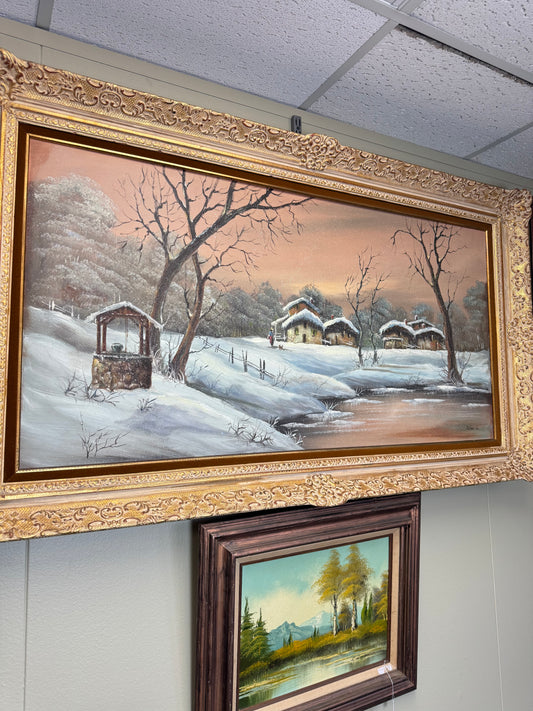 Large Vintage Winter Landscape Oil Painting on Canvas Ornate Gold Frame Signed JoMarcelle 57x32
