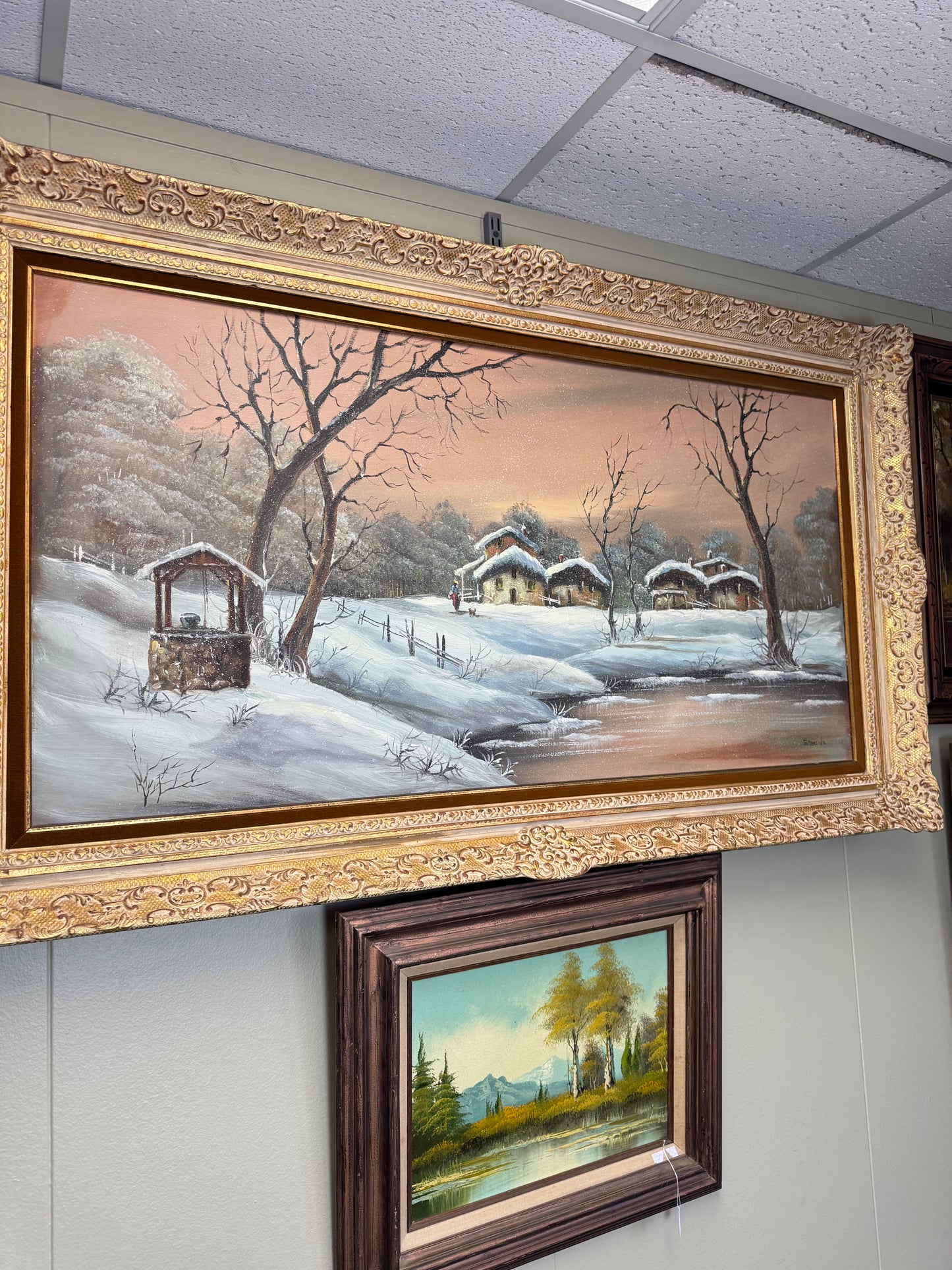 Large Vintage Winter Landscape Oil Painting on Canvas Ornate Gold Frame Signed JoMarcelle 57x32