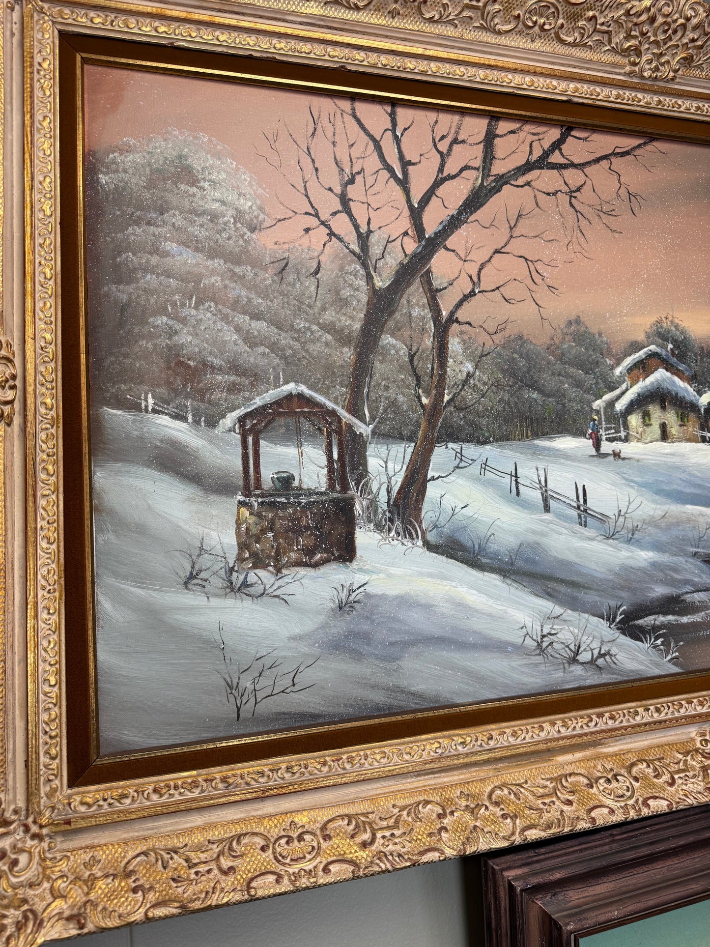 Large Vintage Winter Landscape Oil Painting on Canvas Ornate Gold Frame Signed JoMarcelle 57x32