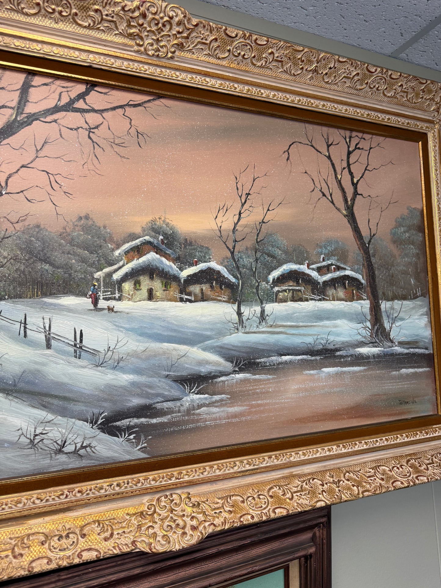 Large Vintage Winter Landscape Oil Painting on Canvas Ornate Gold Frame Signed JoMarcelle 57x32