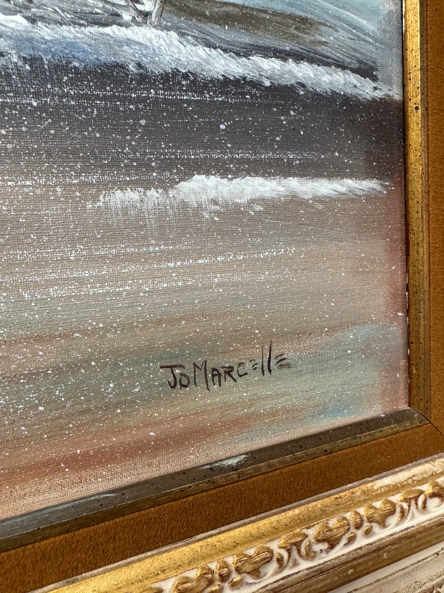 Large Vintage Winter Landscape Oil Painting on Canvas Ornate Gold Frame Signed JoMarcelle 57x32