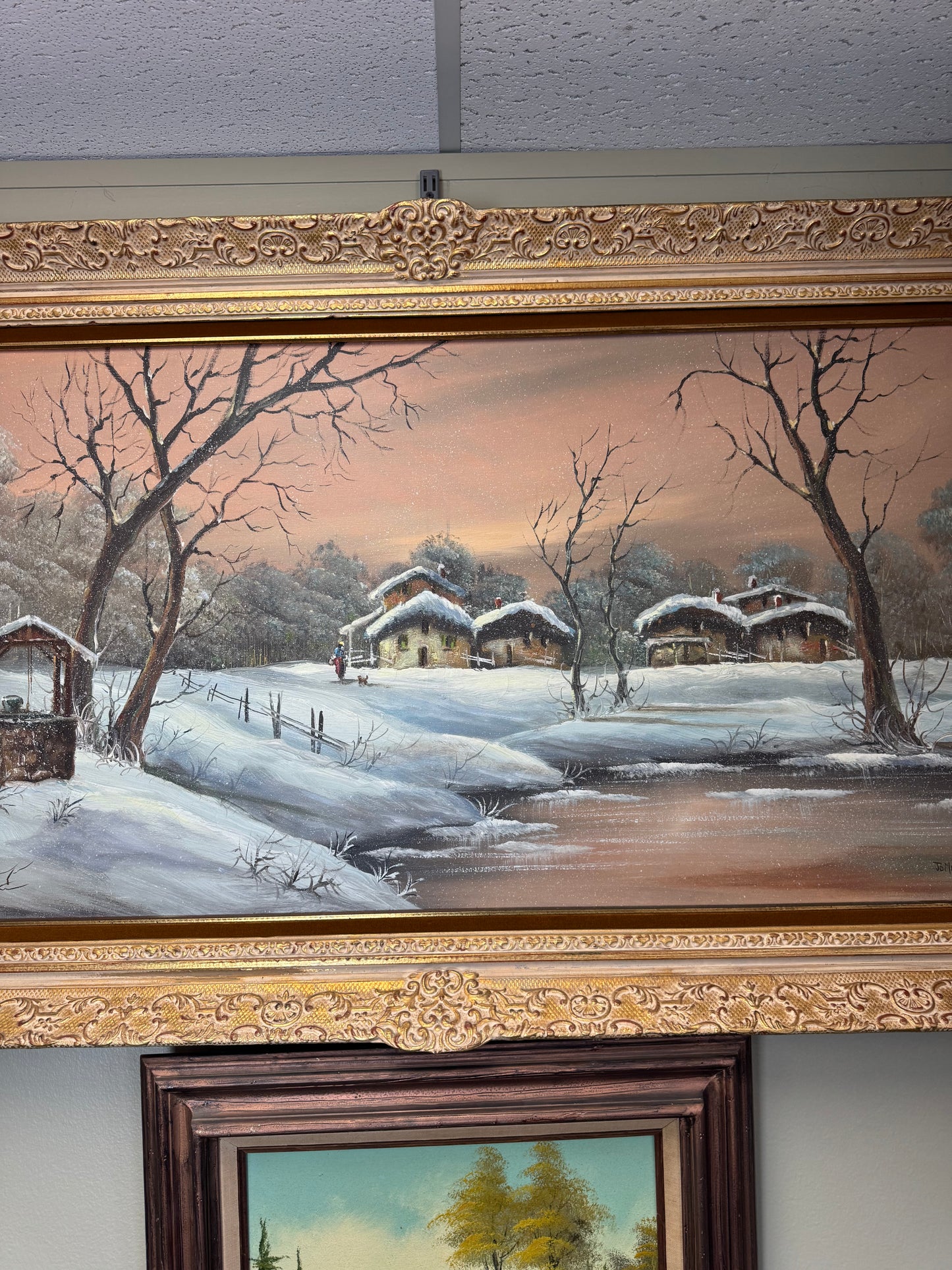Large Vintage Winter Landscape Oil Painting on Canvas Ornate Gold Frame Signed JoMarcelle 57x32