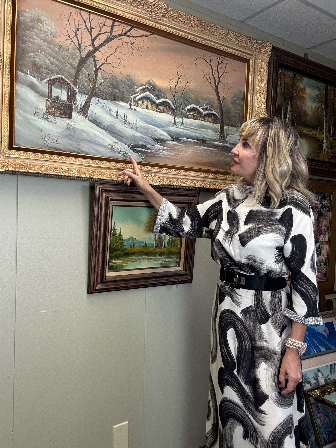 Large Vintage Winter Landscape Oil Painting on Canvas Ornate Gold Frame Signed JoMarcelle 57x32