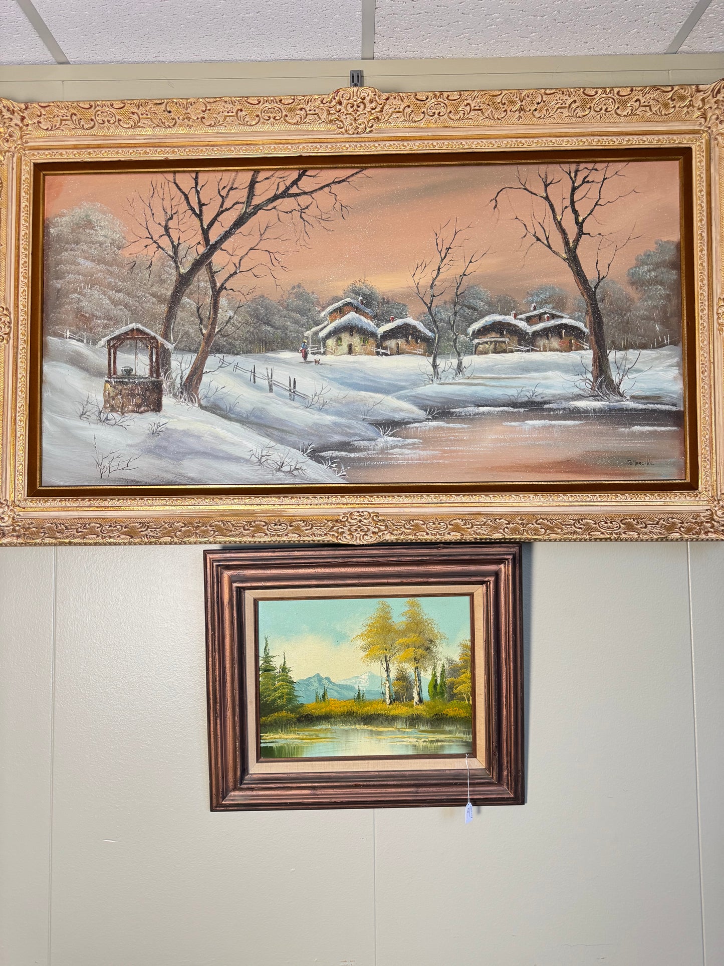 Large Vintage Winter Landscape Oil Painting on Canvas Ornate Gold Frame Signed JoMarcelle 57x32