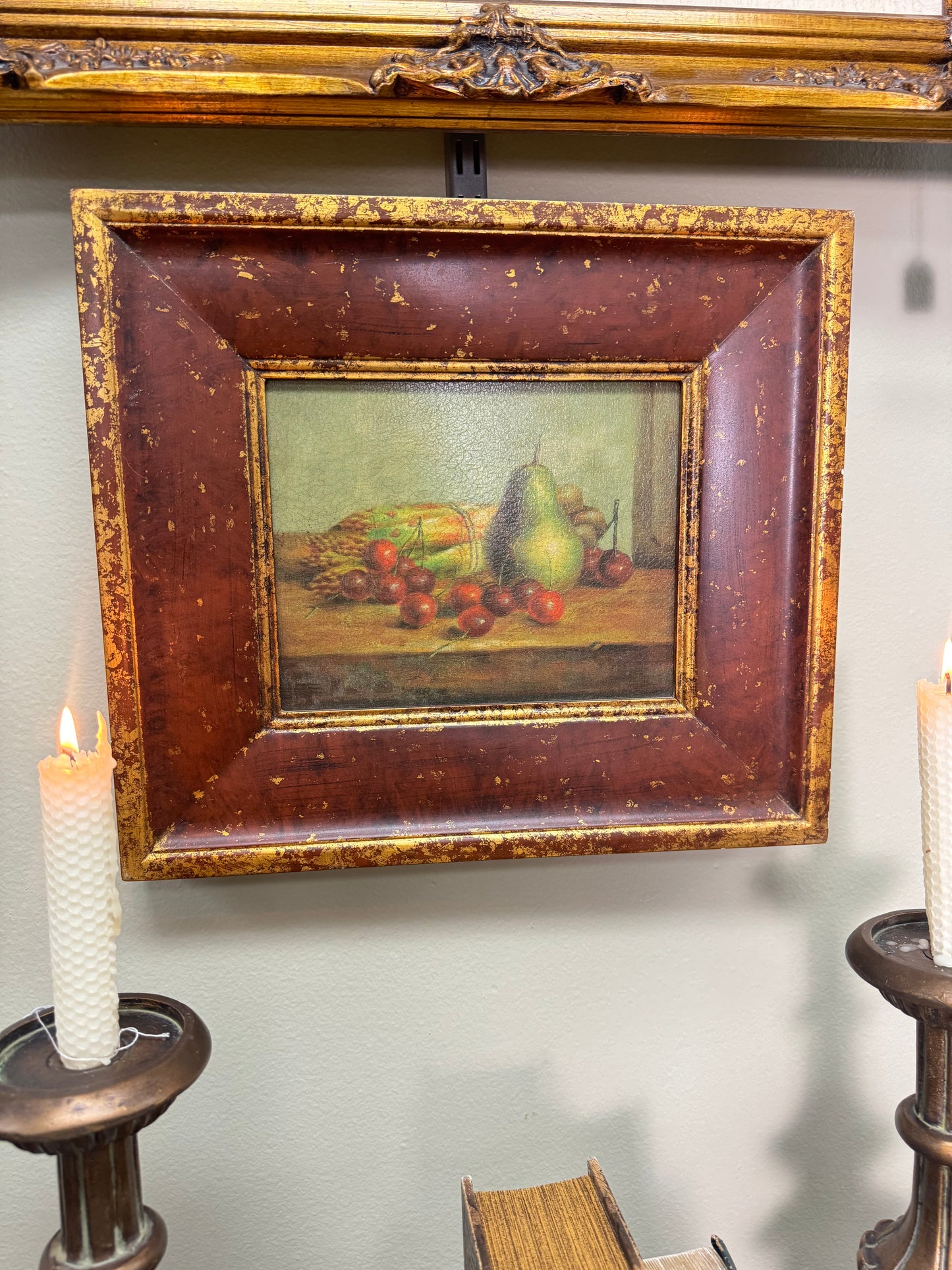 Textured Canvas Print Still Life Pear & Cherries Rustic Framed Wall Art 16"x14''