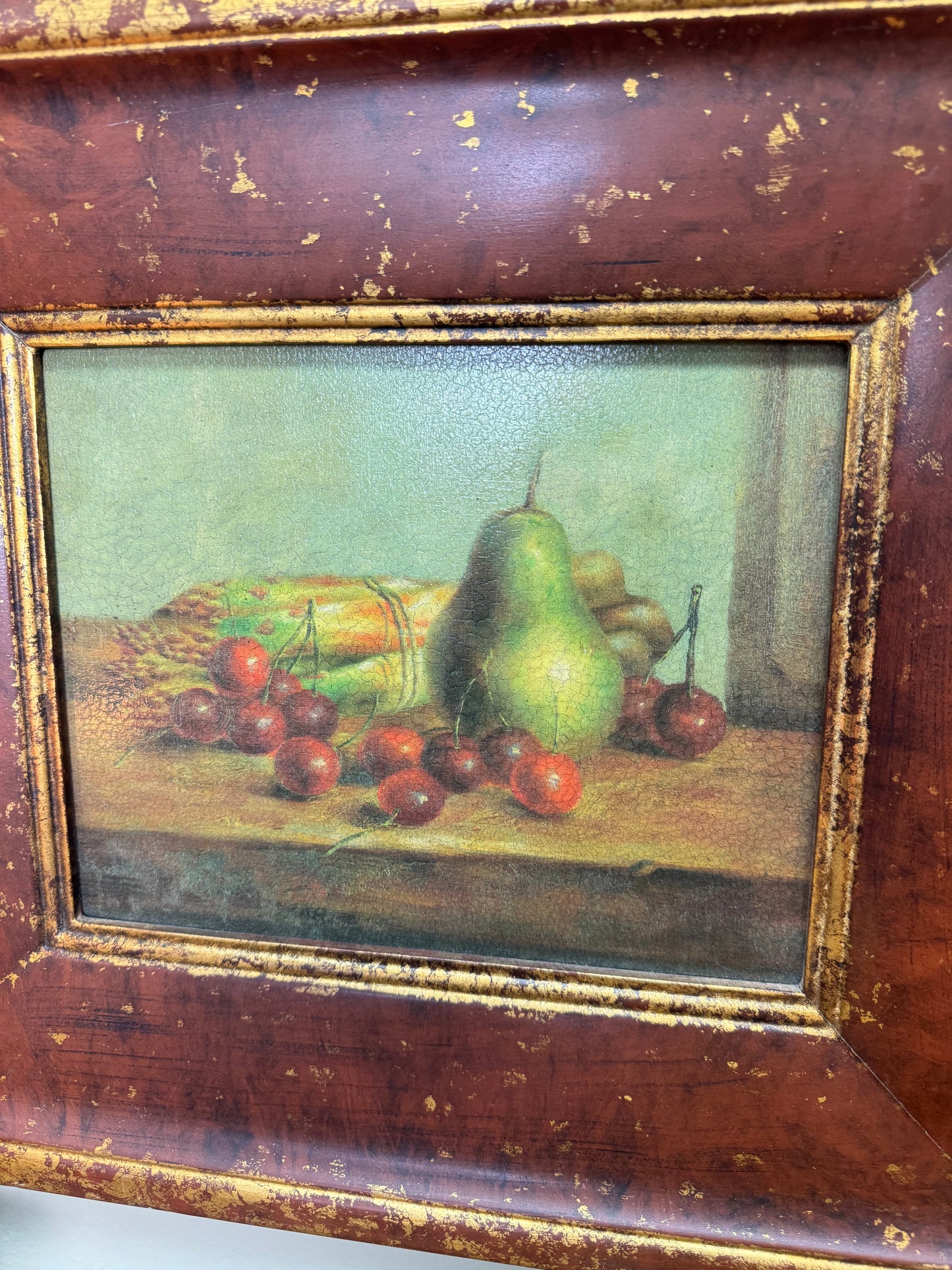 Textured Canvas Print Still Life Pear & Cherries Rustic Framed Wall Art 16"x14''