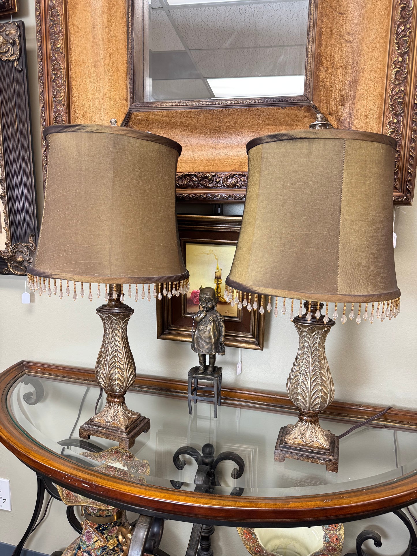 Pair of Decorative Table Lamps With Beaded Shades – Elegant Resin Base Lamps – 24” Tall