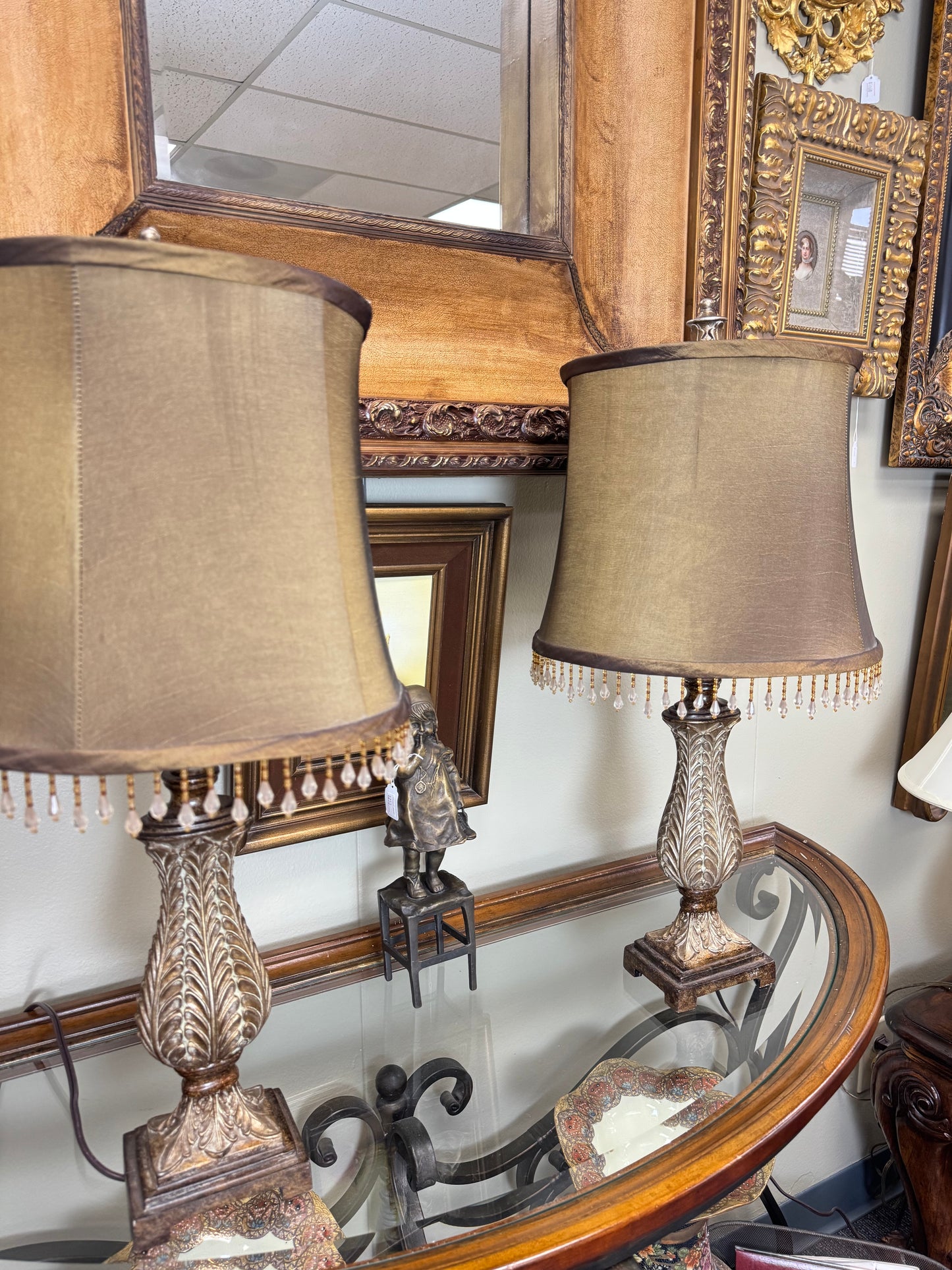 Pair of Decorative Table Lamps With Beaded Shades – Elegant Resin Base Lamps – 24” Tall