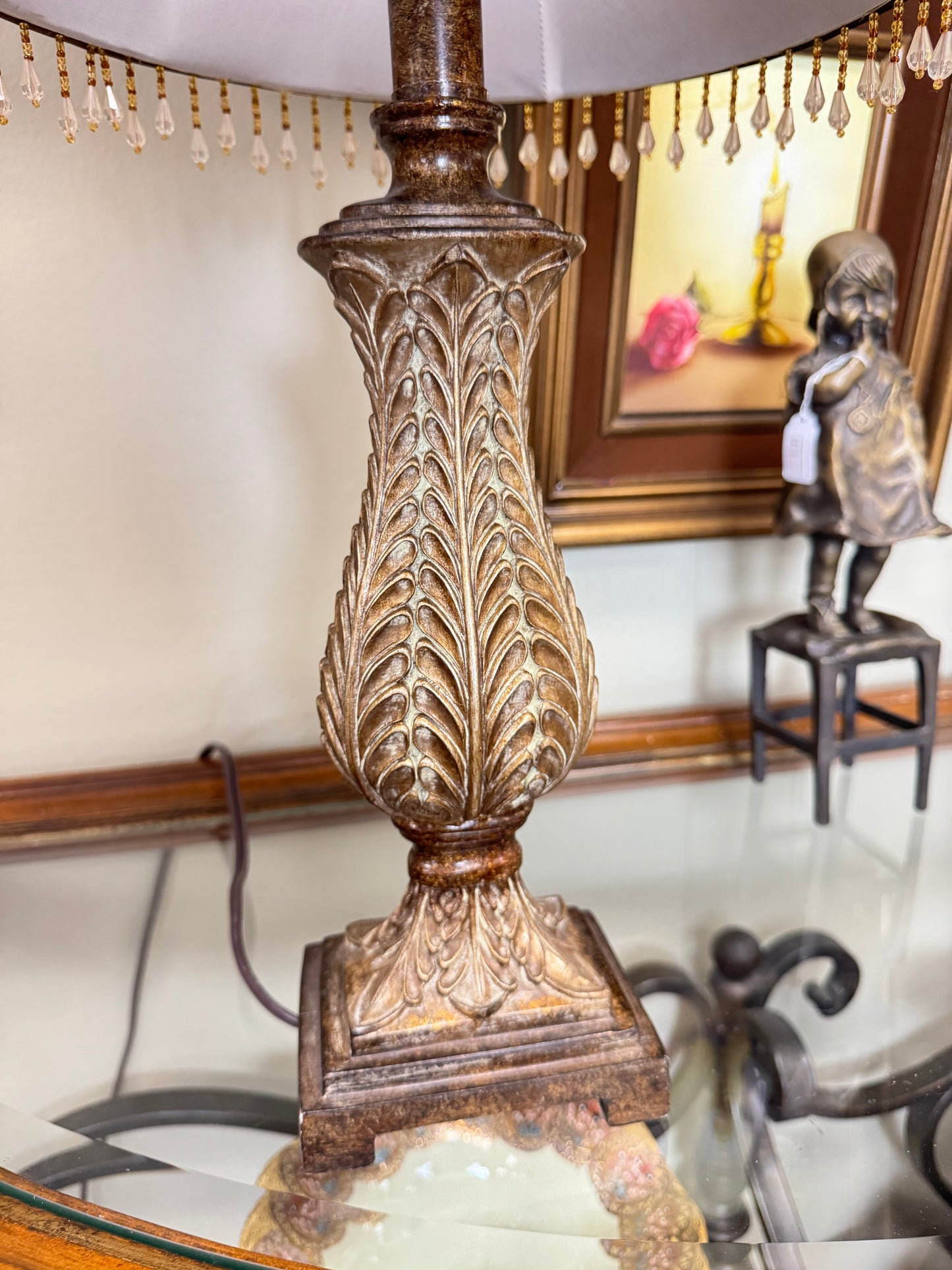 Pair of Decorative Table Lamps With Beaded Shades – Elegant Resin Base Lamps – 24” Tall