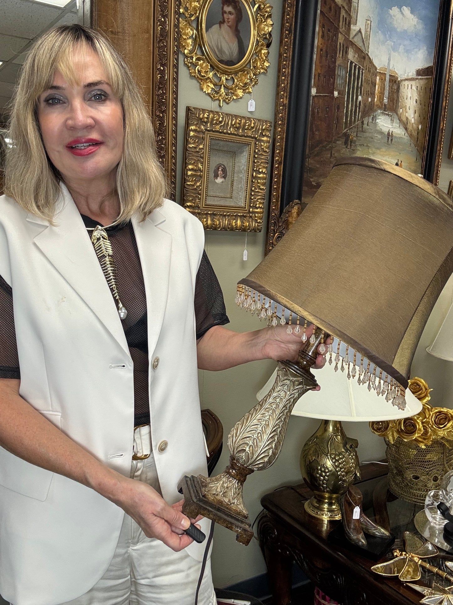 Pair of Decorative Table Lamps With Beaded Shades – Elegant Resin Base Lamps – 24” Tall