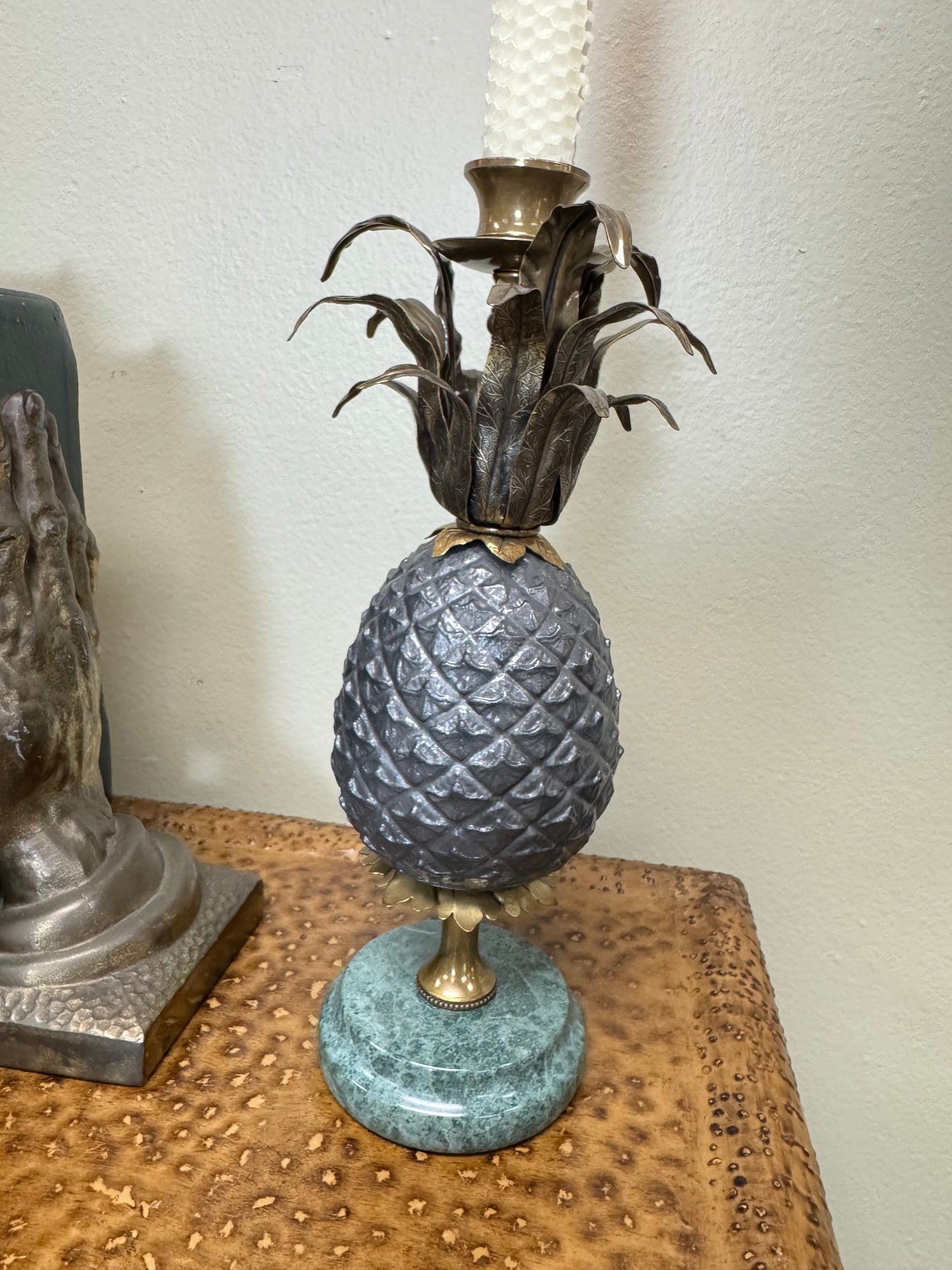 Vintage Brass Pineapple Candle Holders Set of 2 with Marble Bases 11”