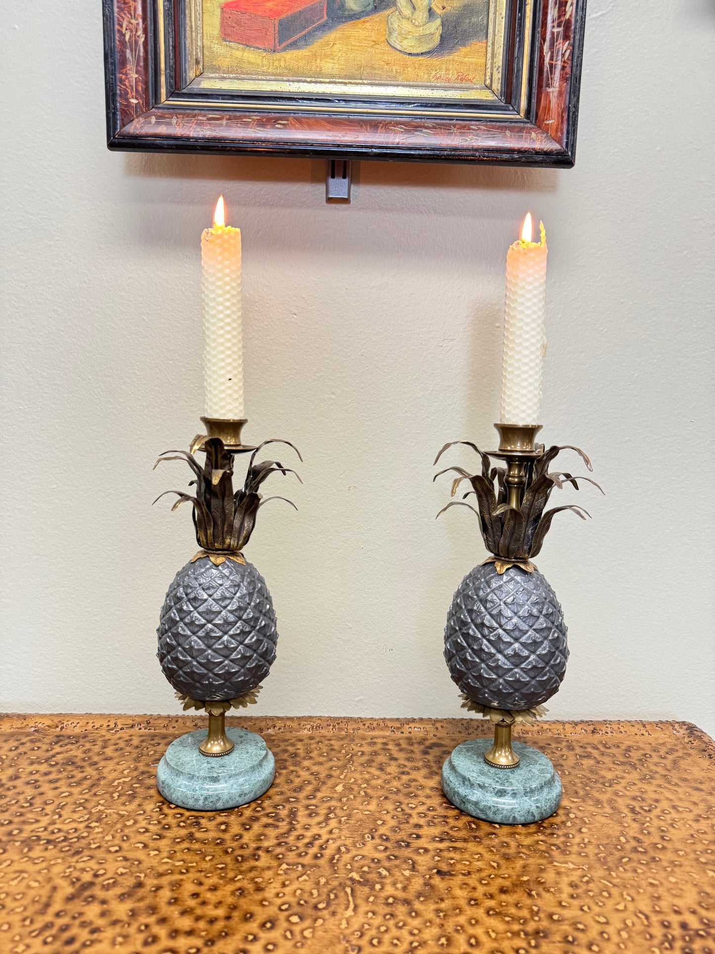 Vintage Brass Pineapple Candle Holders Set of 2 with Marble Bases 11”