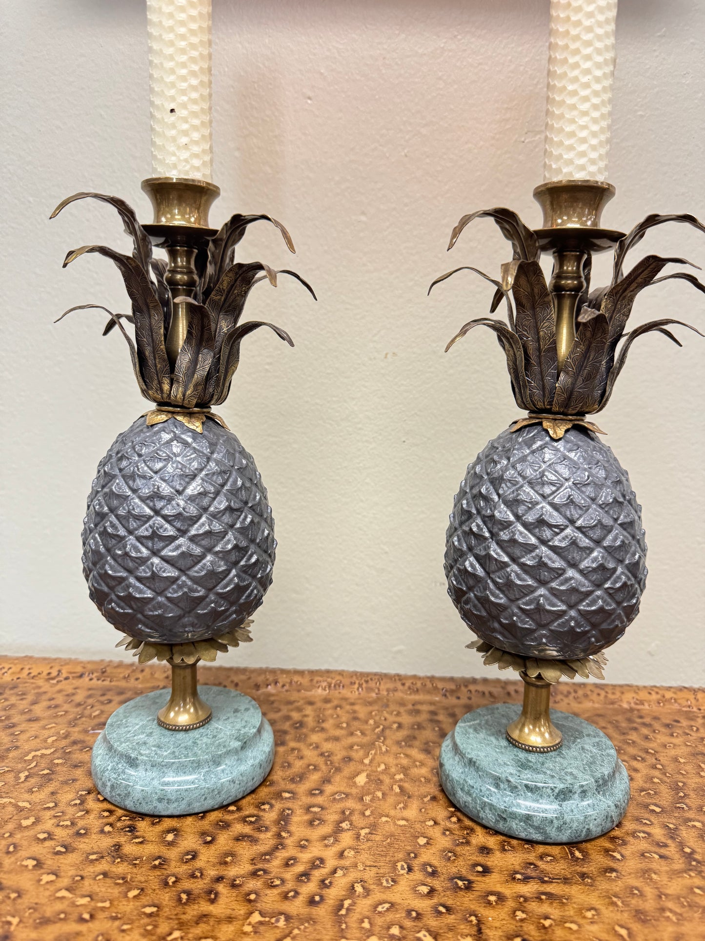 Vintage Brass Pineapple Candle Holders Set of 2 with Marble Bases 11”