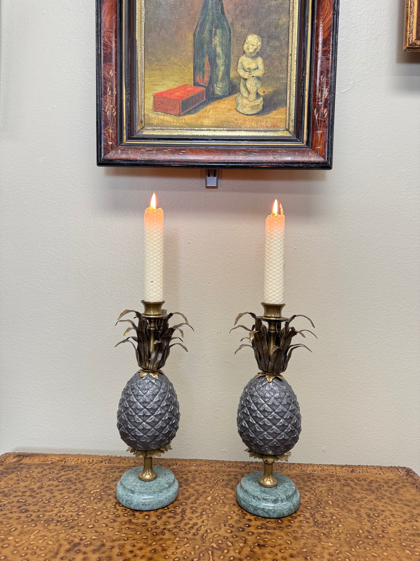 Vintage Brass Pineapple Candle Holders Set of 2 with Marble Bases 11”