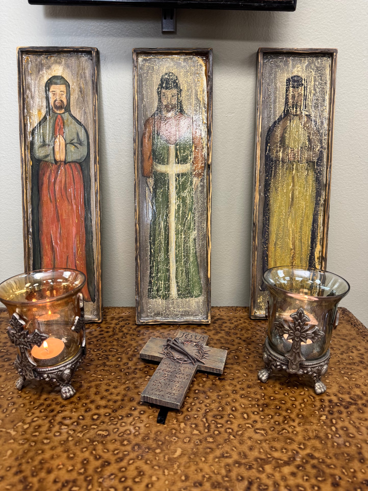 Set of 3 Rustic Religious Wall Art Panels – Hand Painted Style, 18” Tall