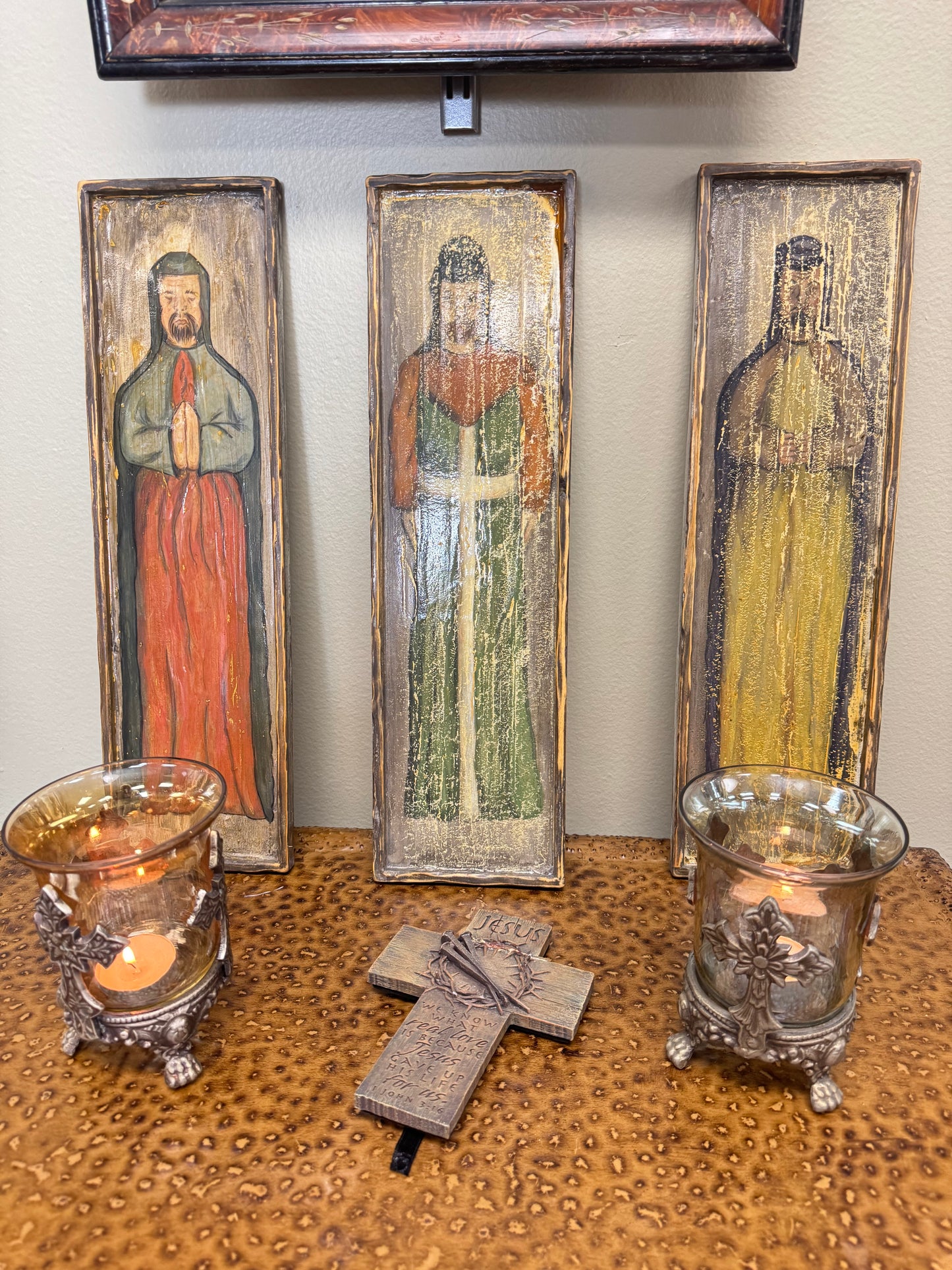 Set of 3 Rustic Religious Wall Art Panels – Hand Painted Style, 18” Tall
