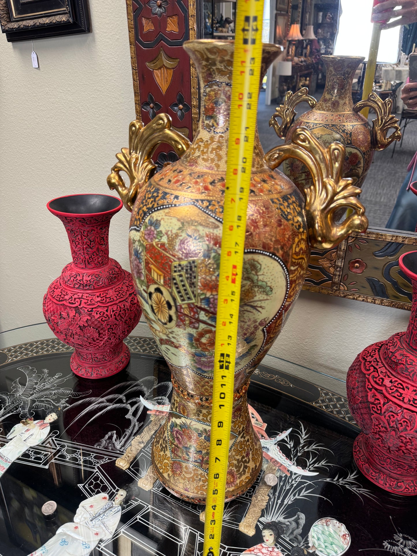 Vintage Japanese Satsuma Moriage Vase – Hand Painted Double Handle Vase, 24” Tall