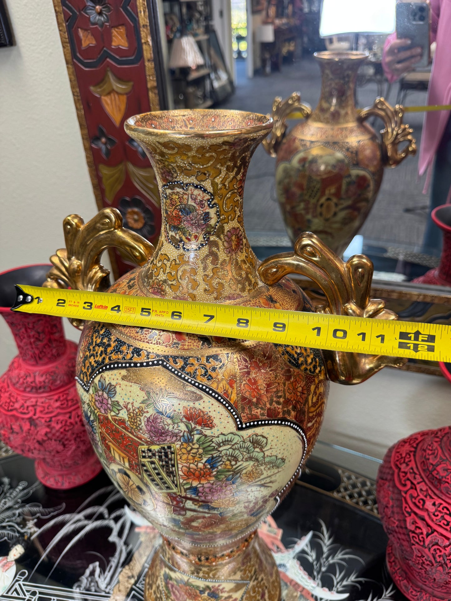 Vintage Japanese Satsuma Moriage Vase – Hand Painted Double Handle Vase, 24” Tall