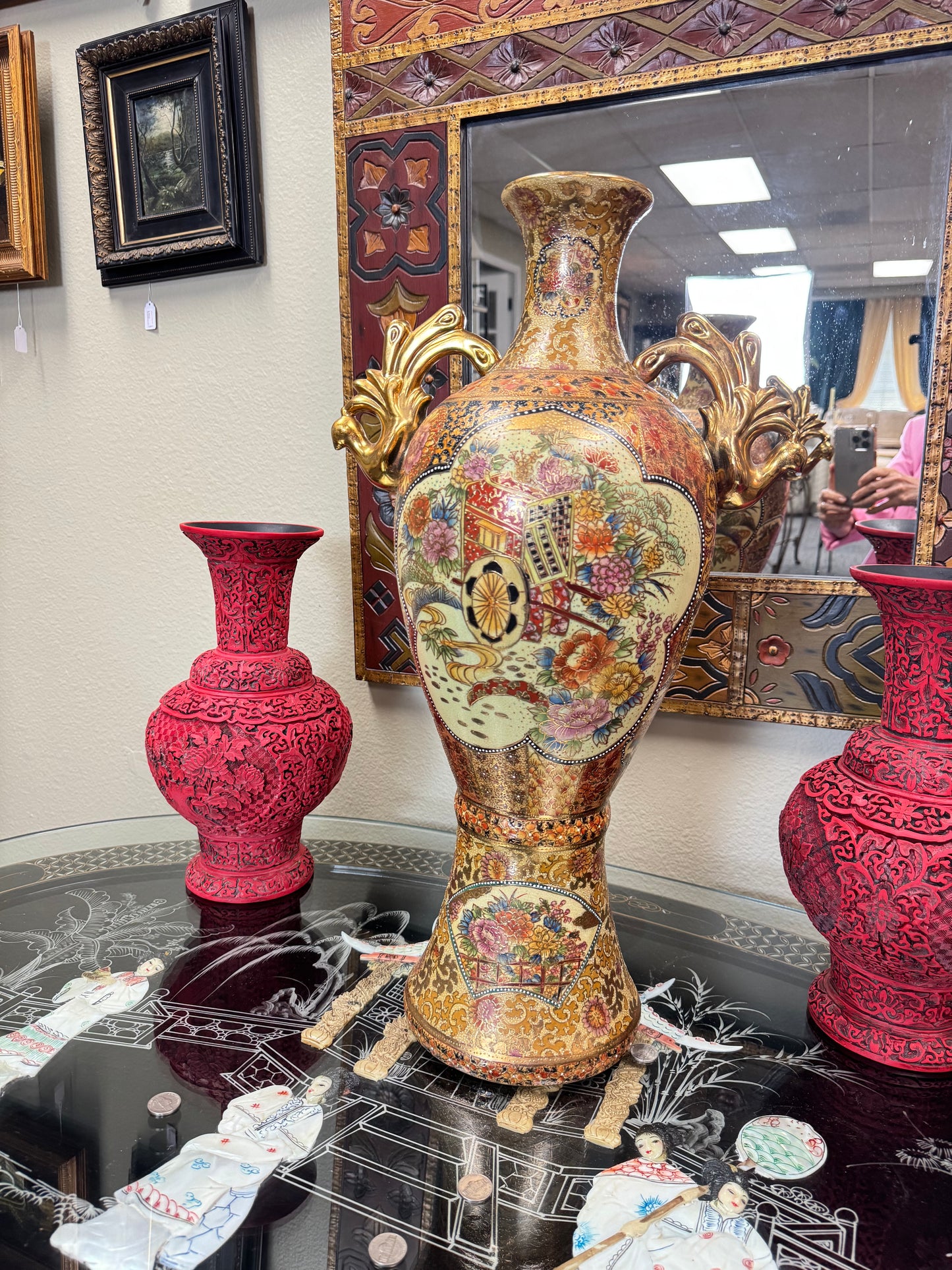 Vintage Japanese Satsuma Moriage Vase – Hand Painted Double Handle Vase, 24” Tall