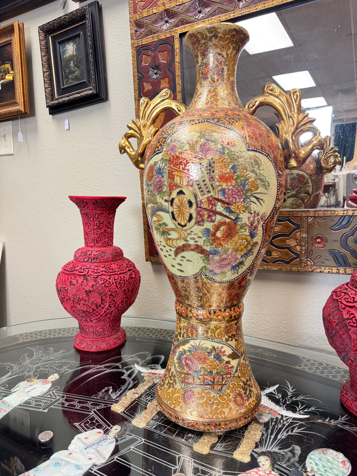 Vintage Japanese Satsuma Moriage Vase – Hand Painted Double Handle Vase, 24” Tall