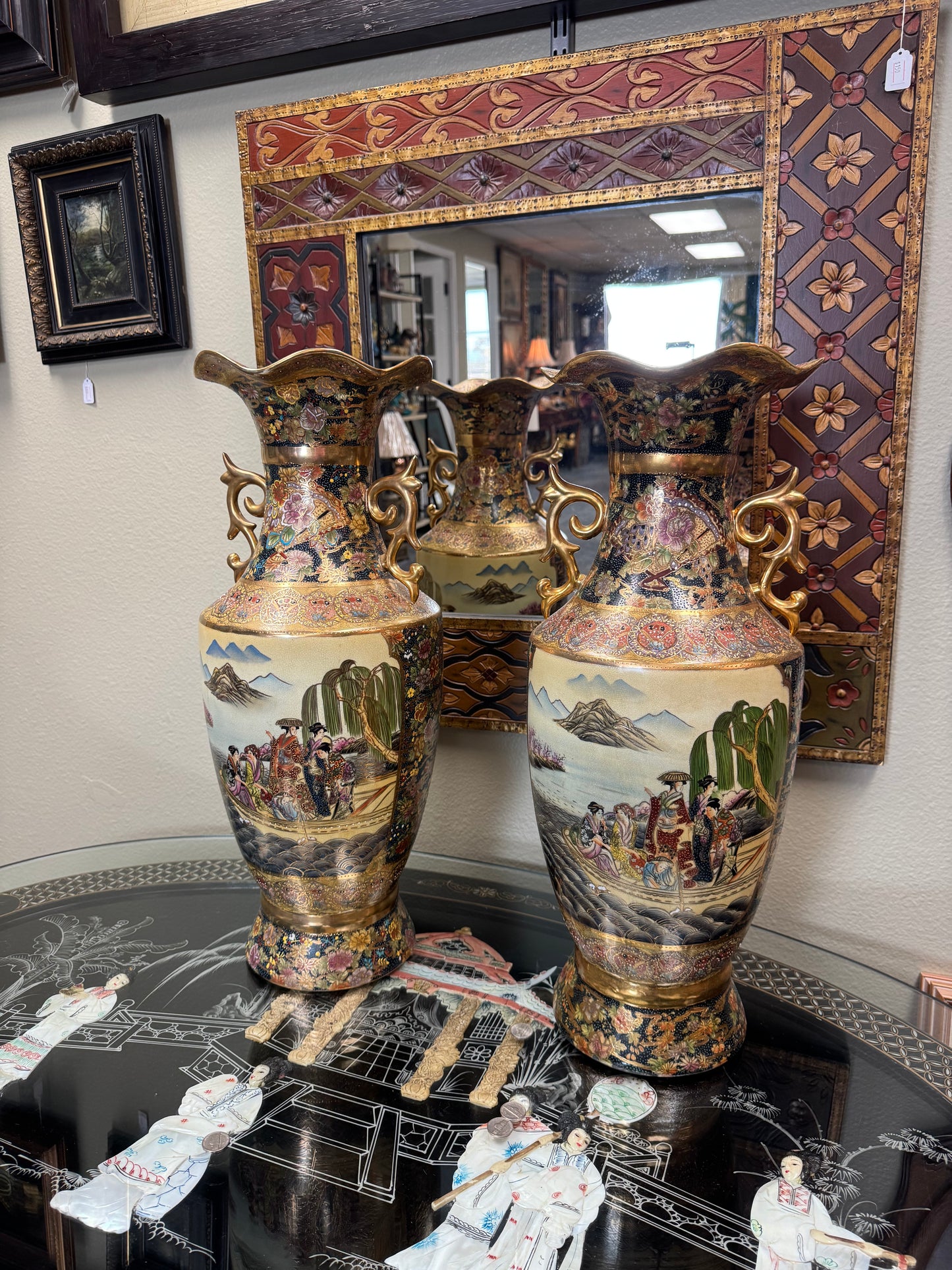 Pair of Large Japanese Satsuma  Porcelain Floor Vases, 24” Hand Decorated, Local Pickup Only