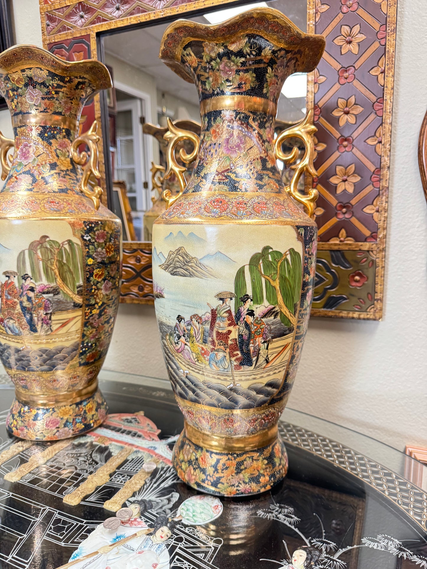 Pair of Large Japanese Satsuma  Porcelain Floor Vases, 24” Hand Decorated, Local Pickup Only