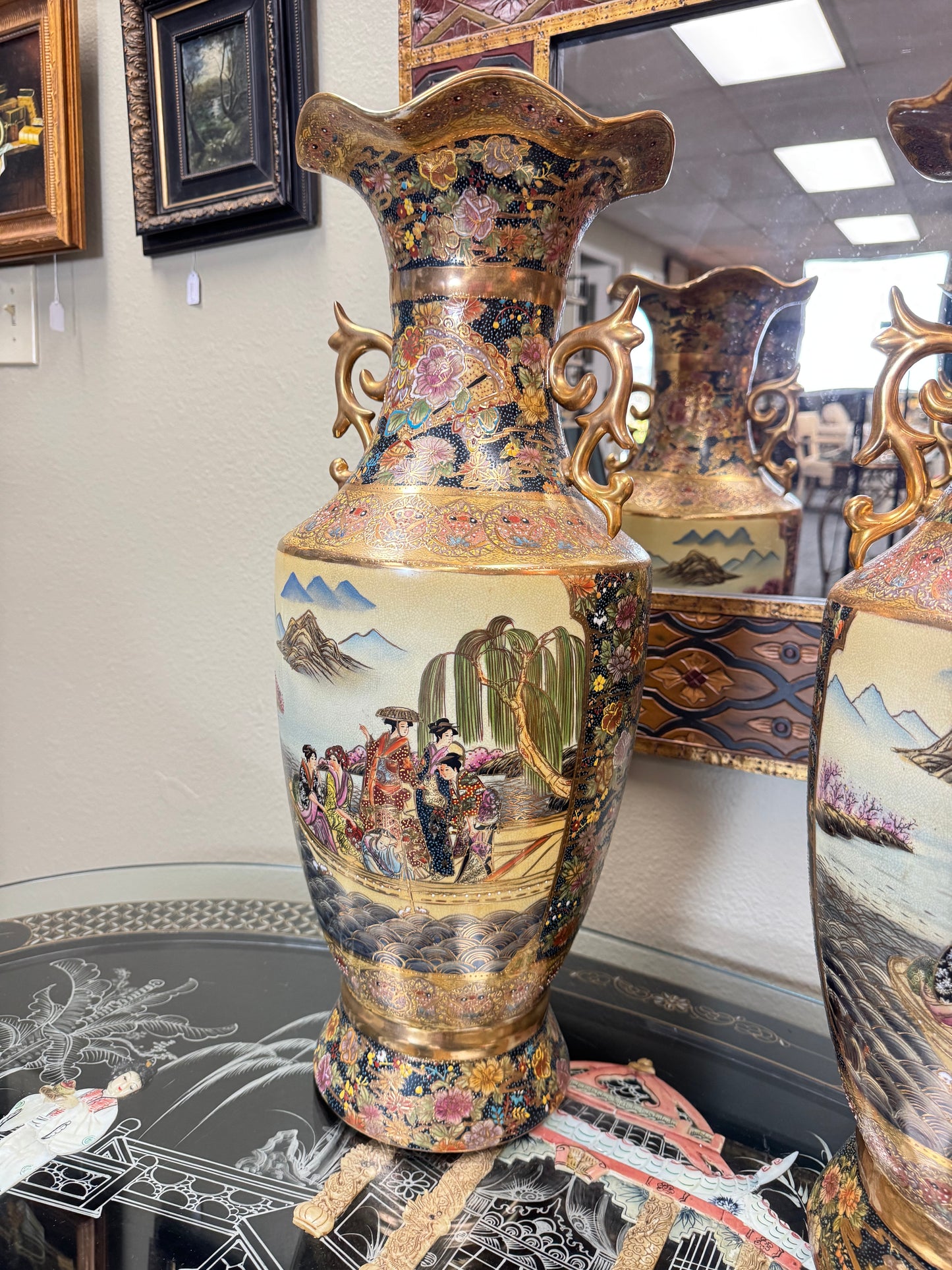 Pair of Large Japanese Satsuma  Porcelain Floor Vases, 24” Hand Decorated, Local Pickup Only