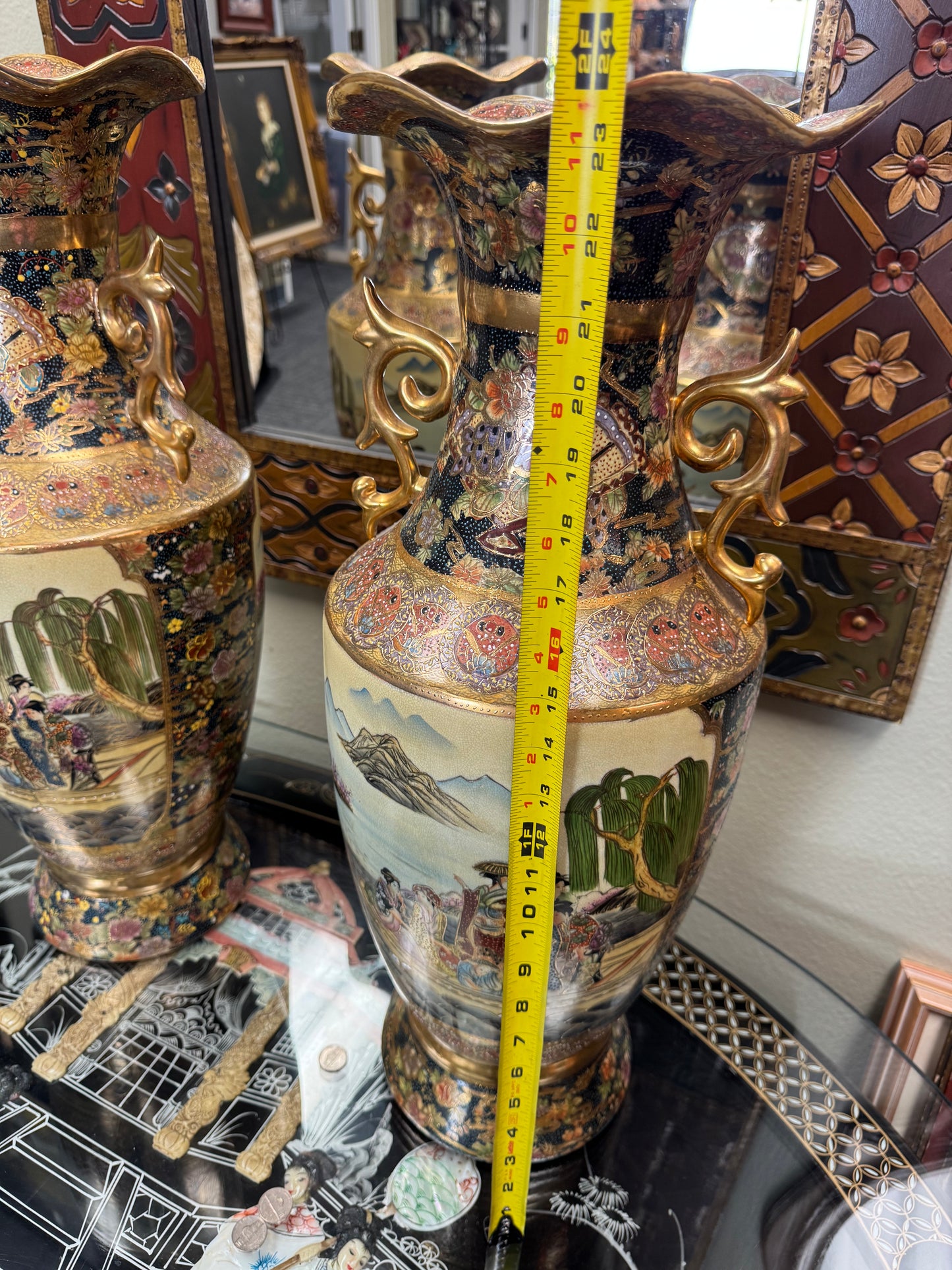 Pair of Large Japanese Satsuma  Porcelain Floor Vases, 24” Hand Decorated, Local Pickup Only