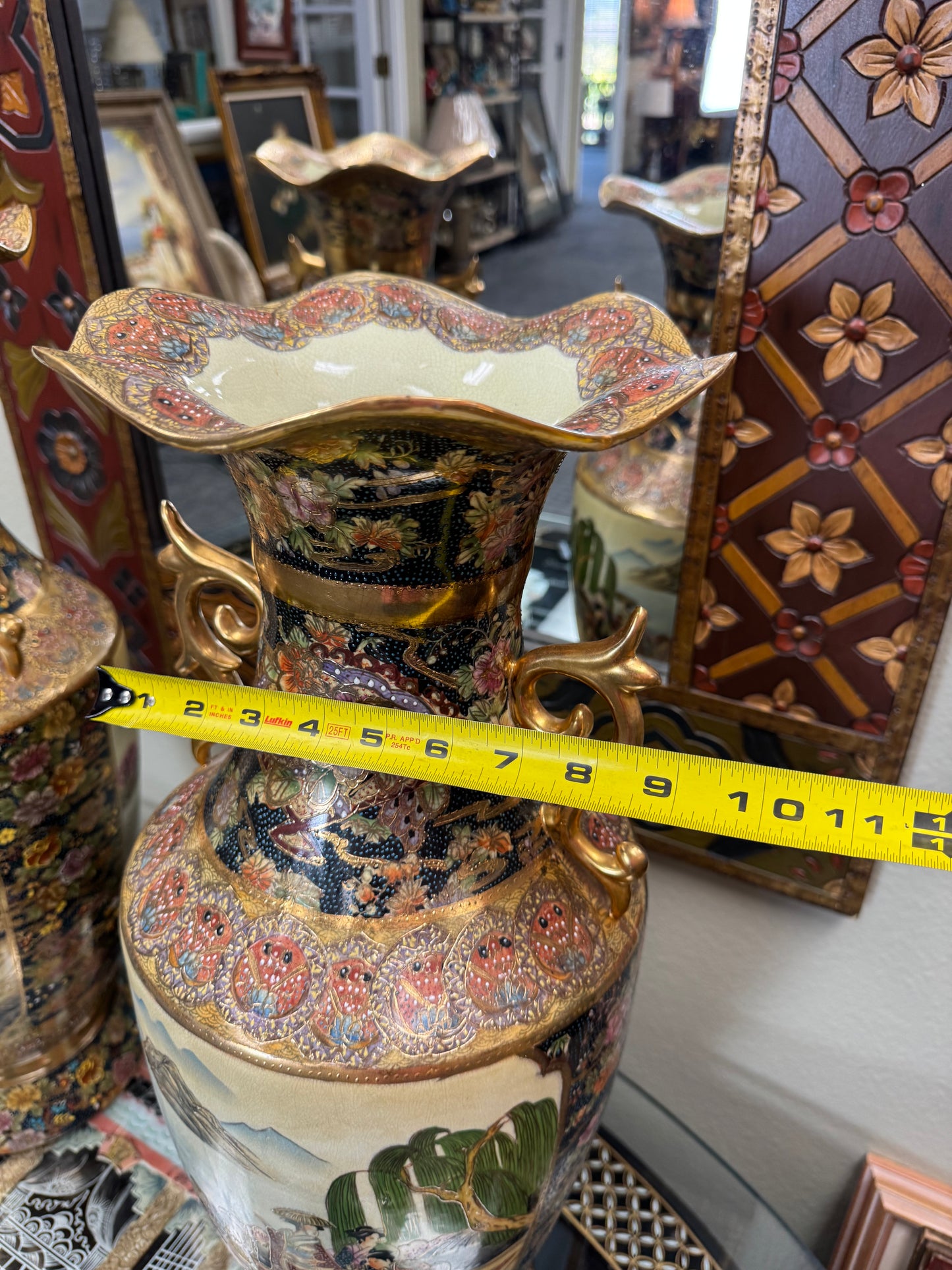 Pair of Large Japanese Satsuma  Porcelain Floor Vases, 24” Hand Decorated, Local Pickup Only